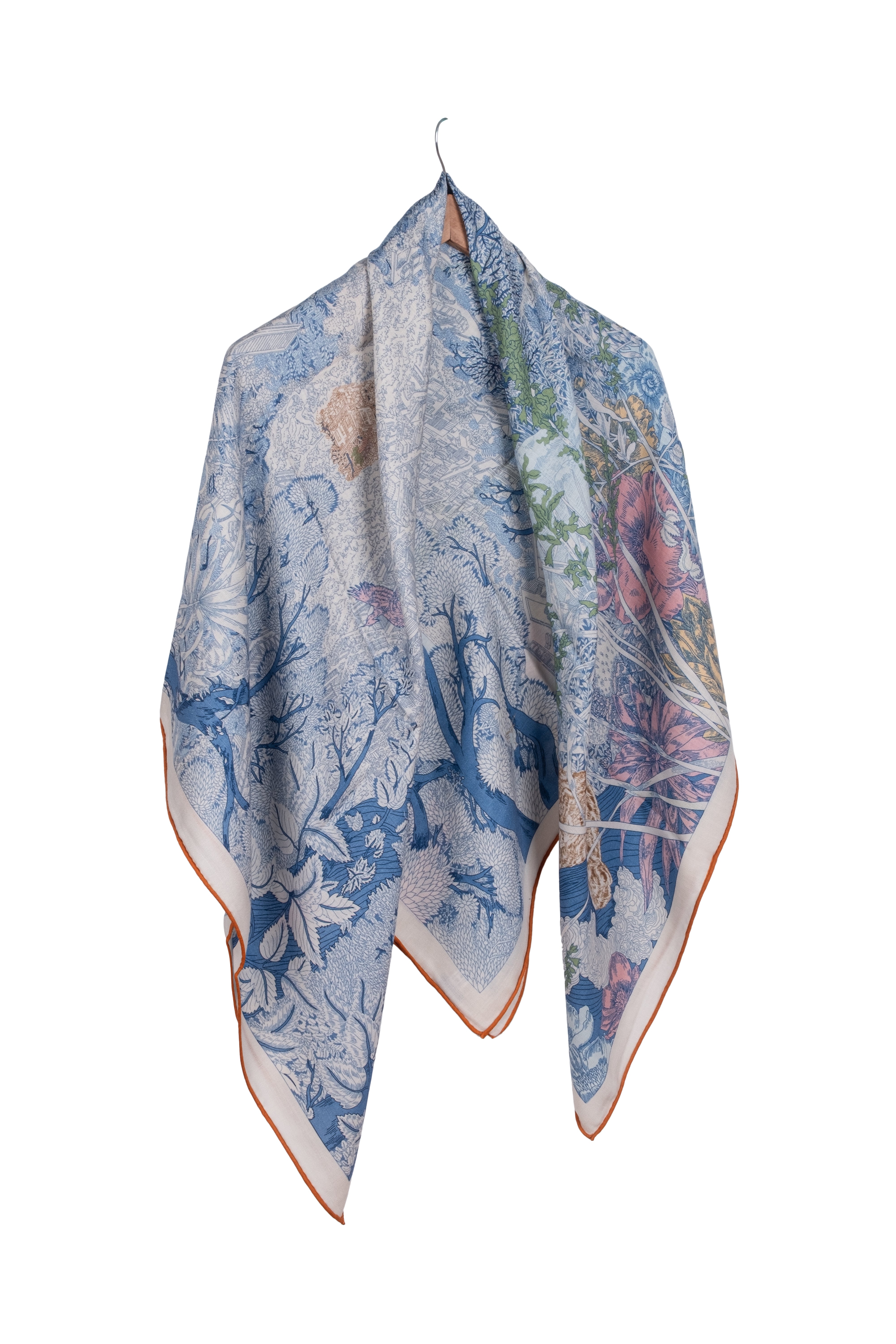 Turuncu Mavi Linda Saf Kaşmir Desenli Kare Eşarp 140x140 cm