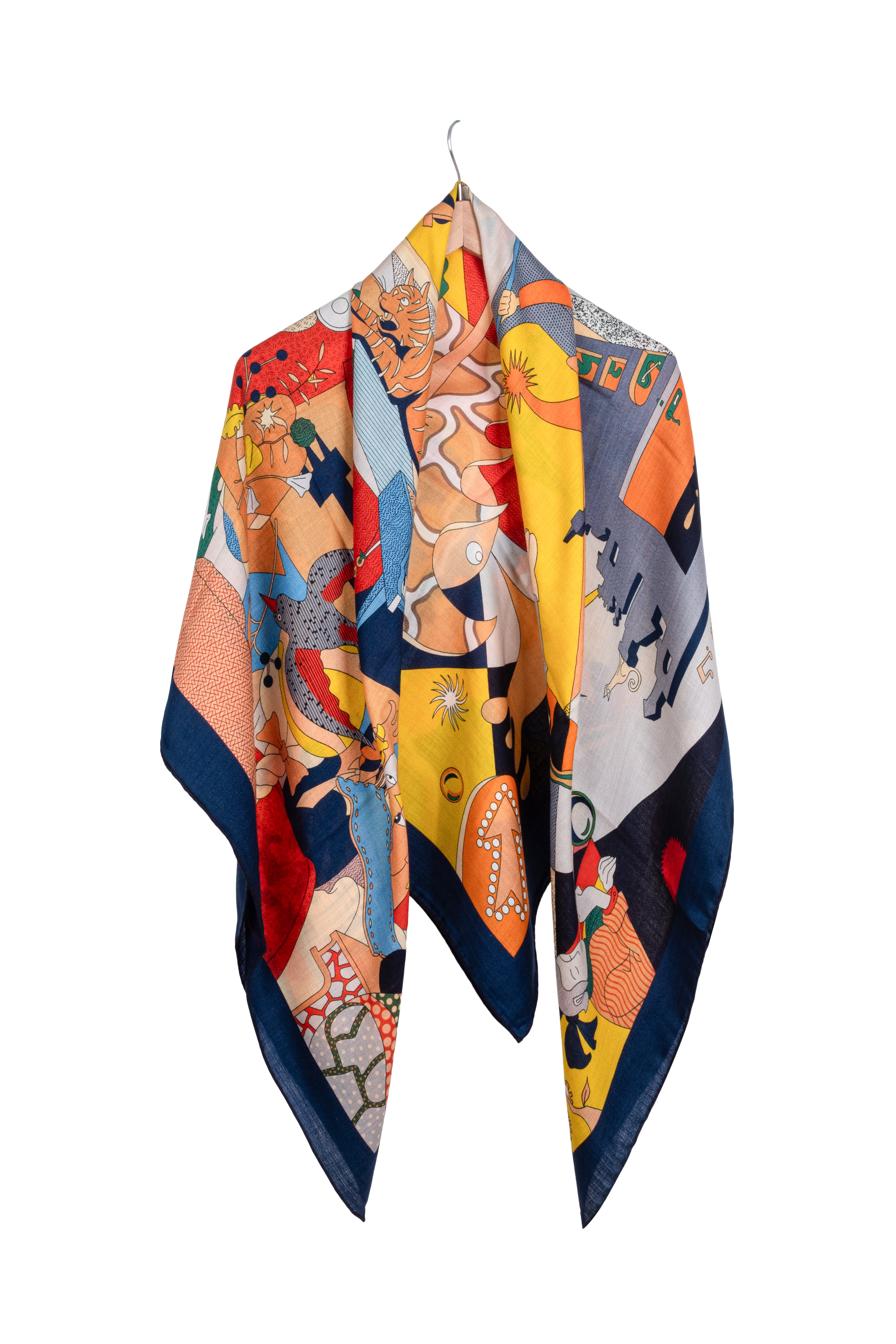 Lacivert Linda Saf Kaşmir Desenli Kare Eşarp 140x140 cm