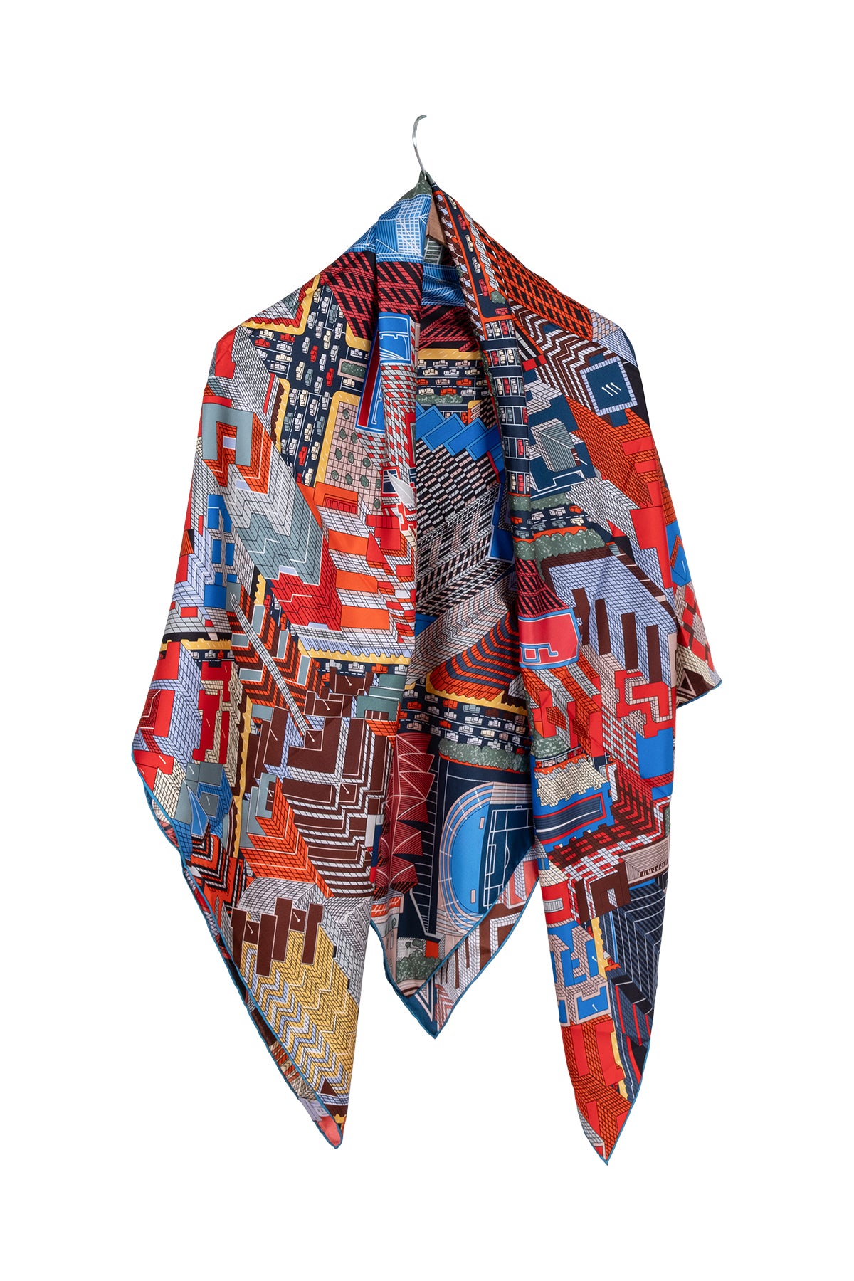 Kırmızı Mavi Lina Saf İpek Baskılı Şal 140x140cm