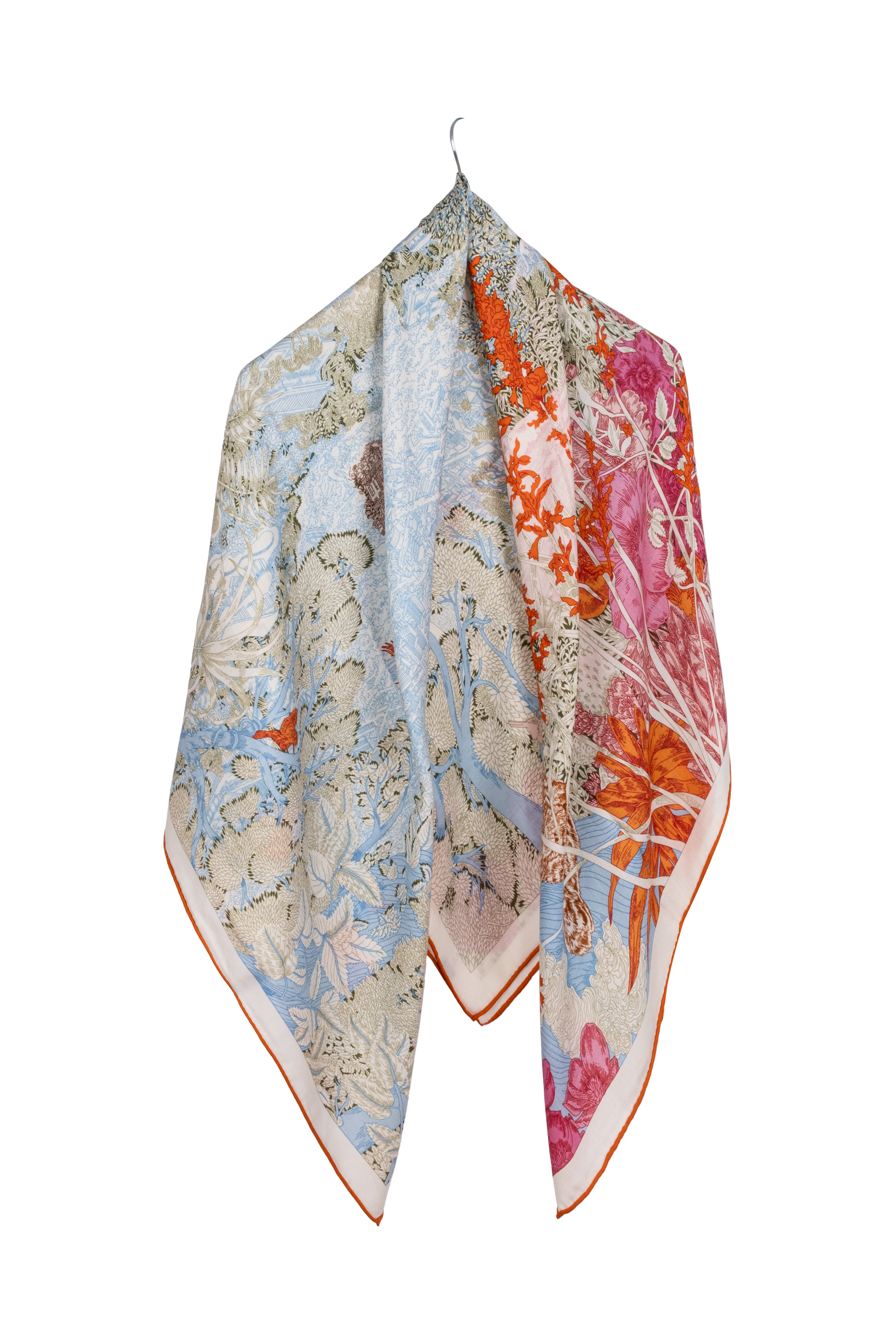 Turuncu Yeşil Linda Saf Kaşmir Desenli Kare Eşarp 140x140 cm