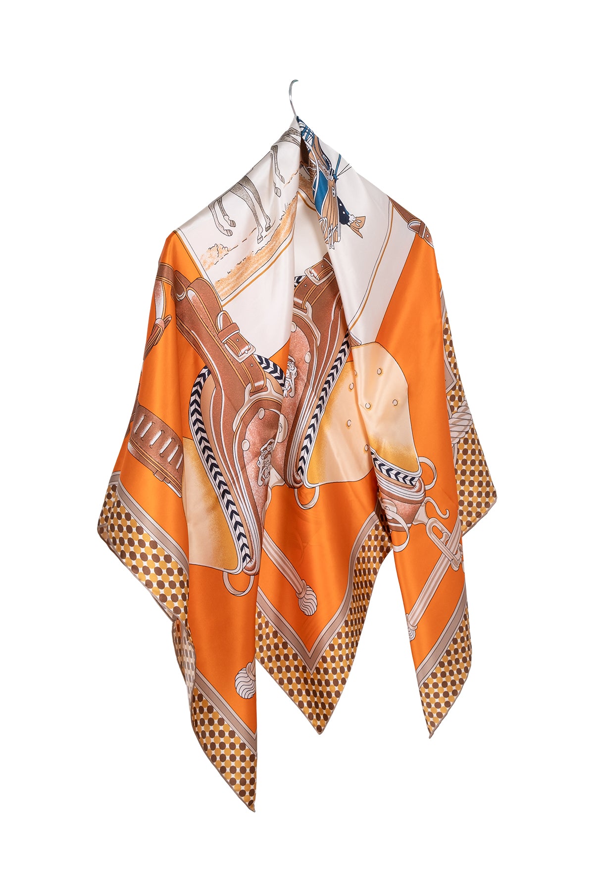 Turuncu Bej Lina Saf İpek Baskılı Şal 140x140cm
