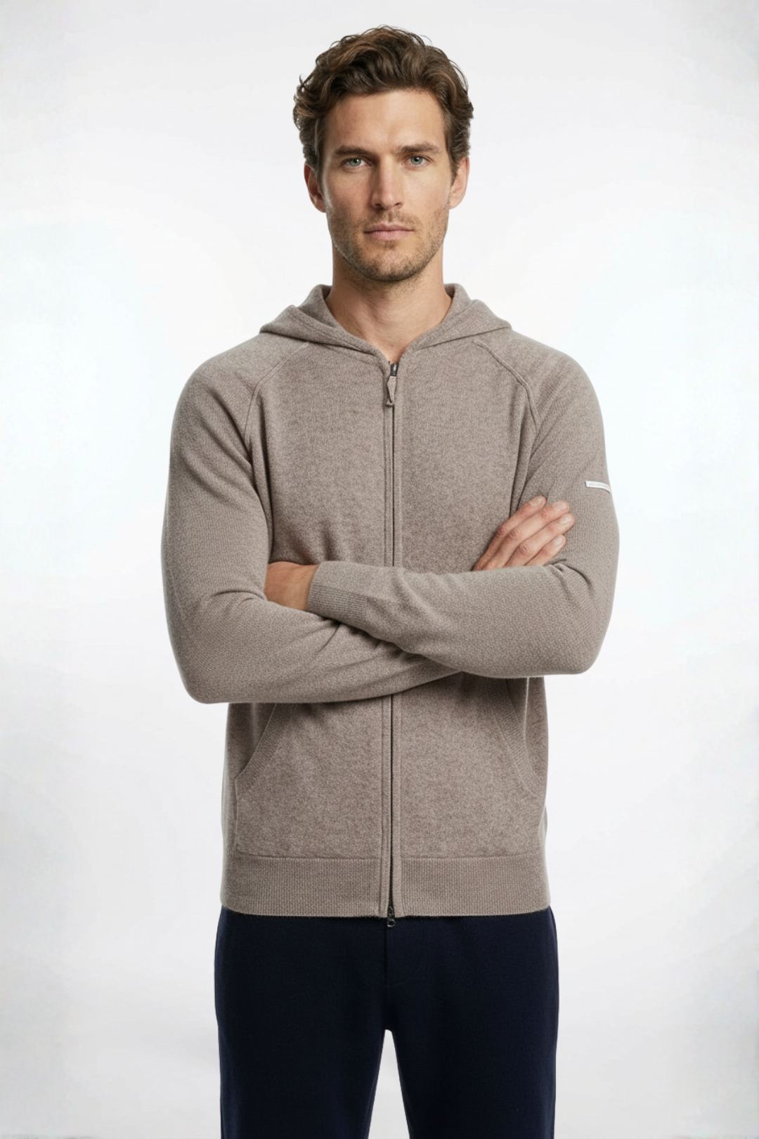 Açık Vizon David Saf Kaşmir Kapüşonlu Erkek Hırka