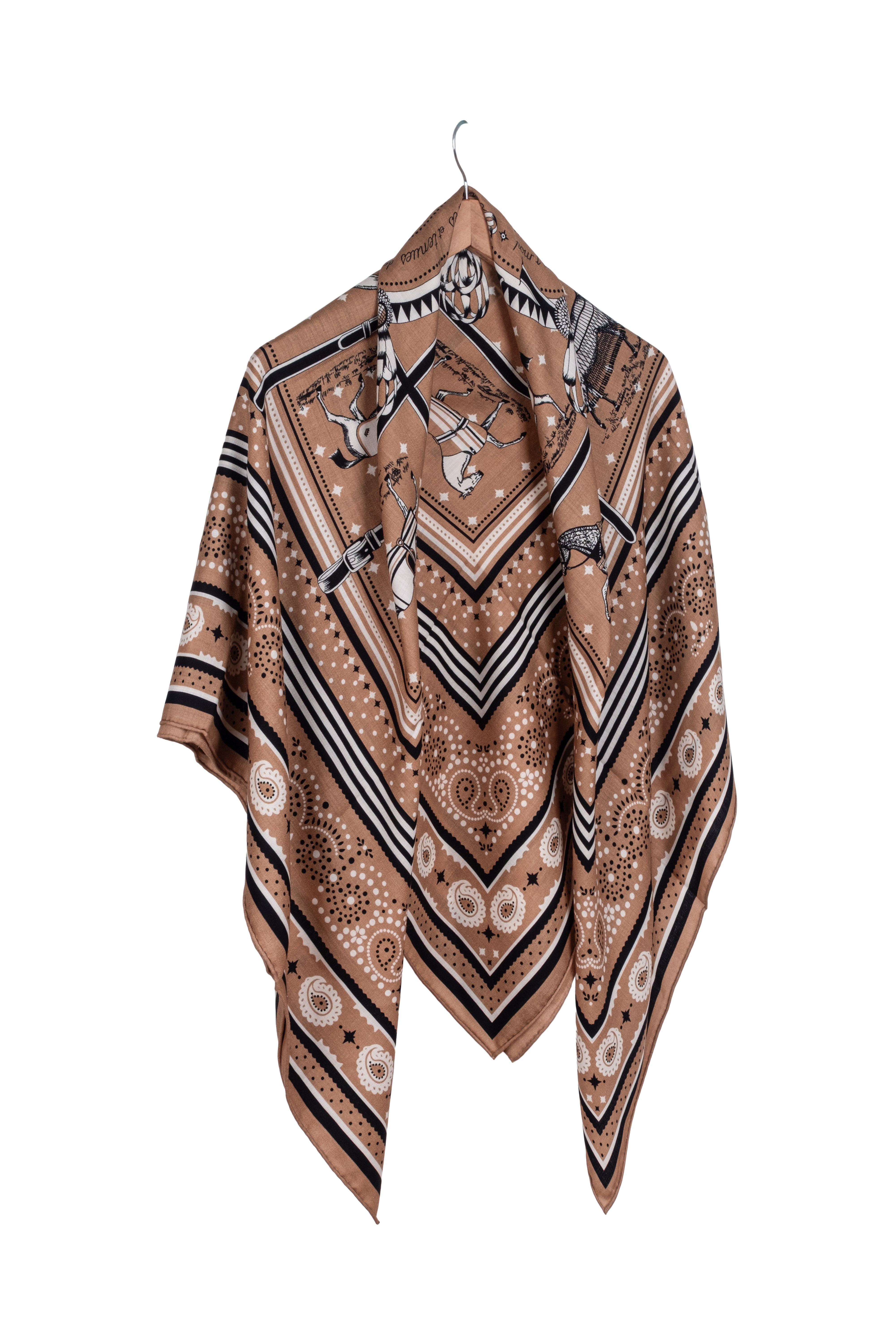 Koyu Bej Linda Saf Kaşmir Desenli Kare Eşarp 140x140 cm