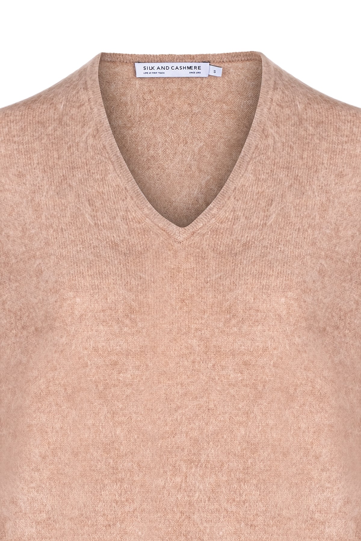 Açık Camel Brushed Saf Kaşmir V Yaka Kazak