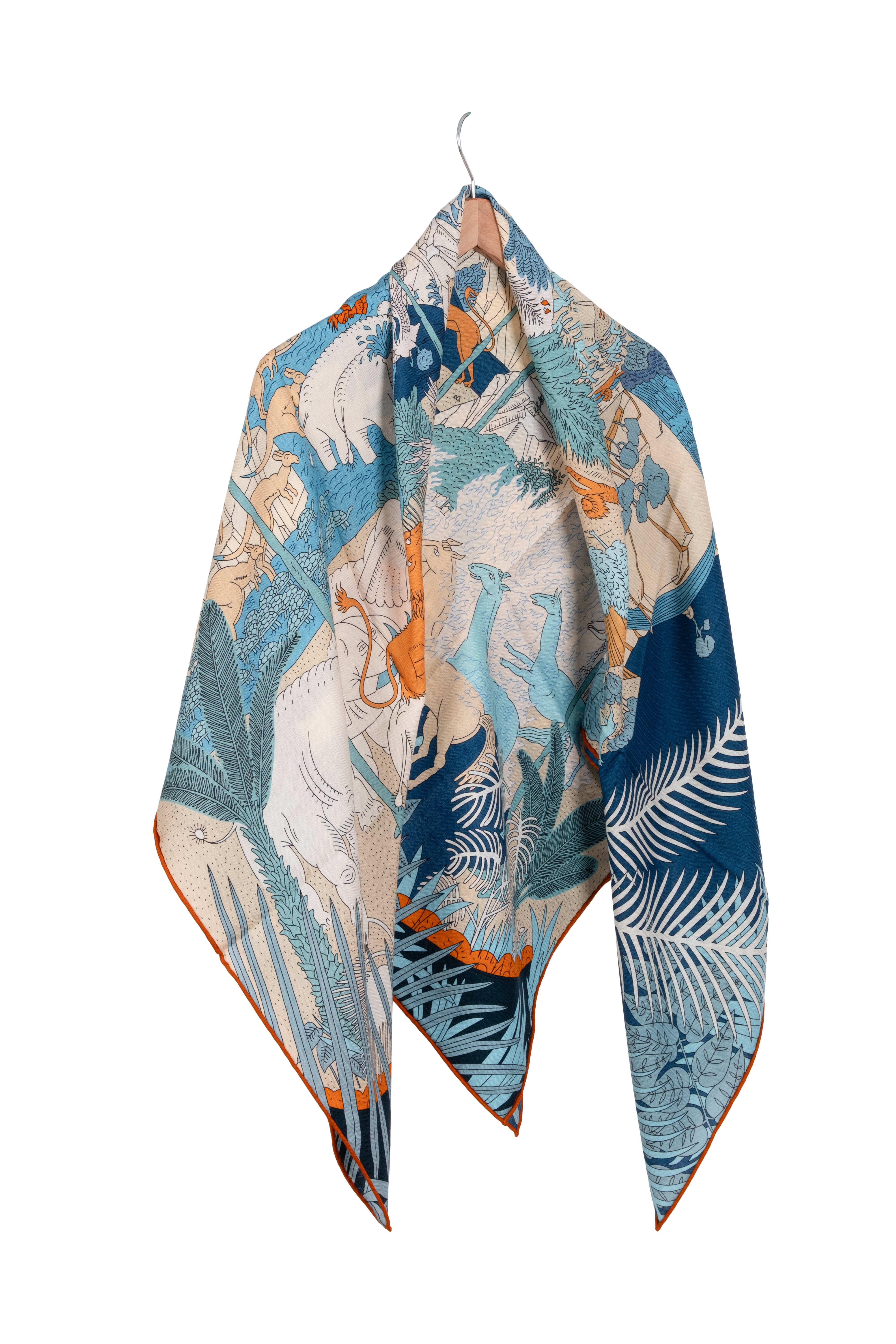 Turuncu Beyaz Linda Saf Kaşmir Baskılı Eşarp 140x140 cm