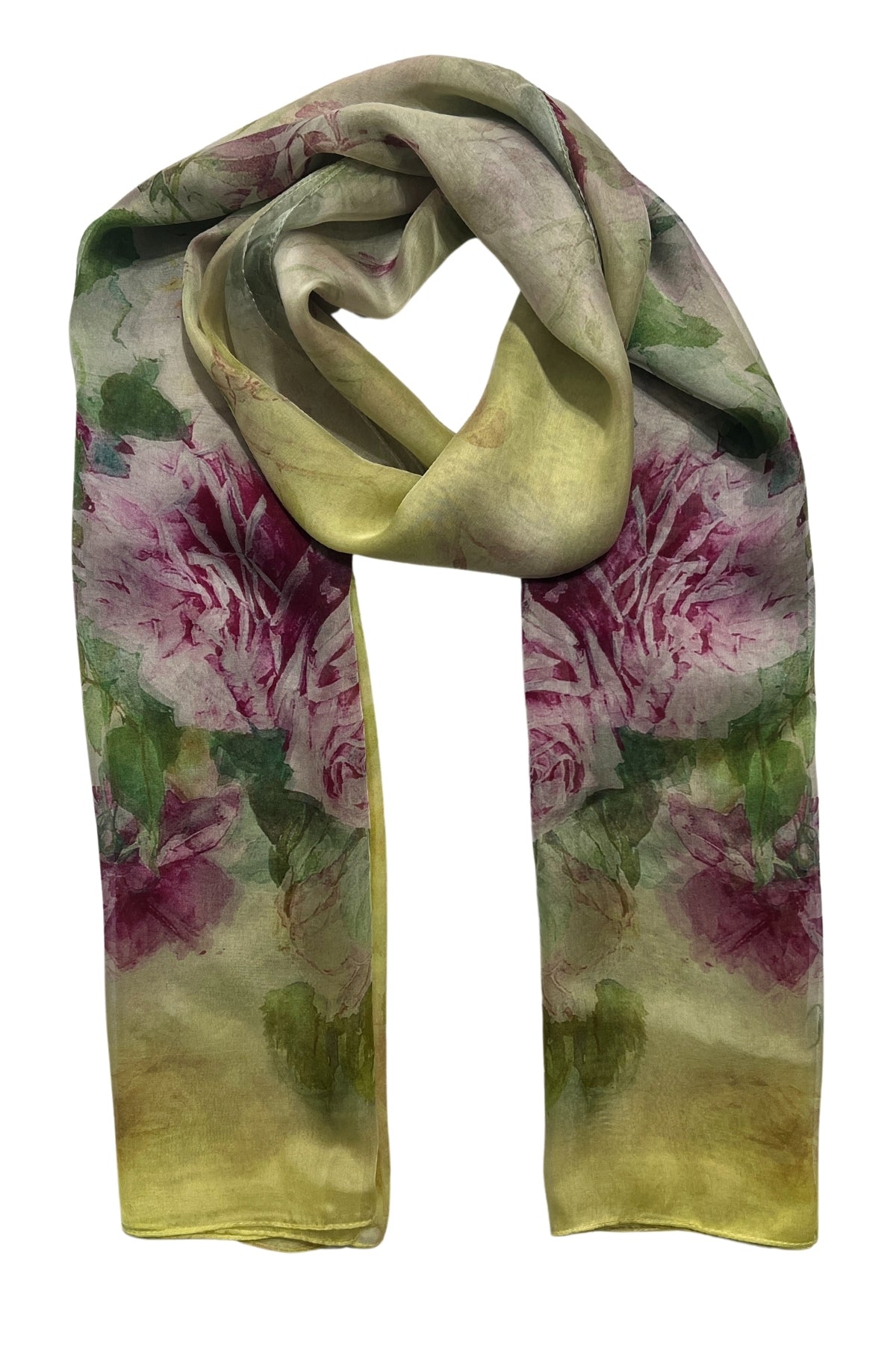 Sarı Anabel Saf İpek  Şifon Baskılı Oblong Şal 180x110