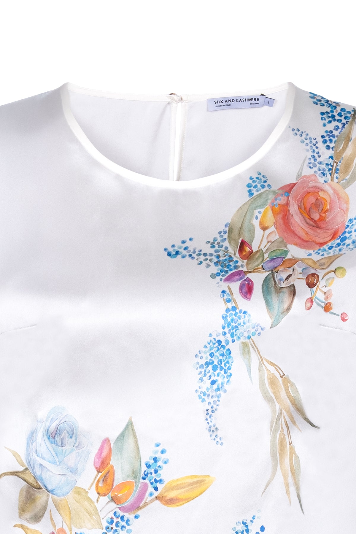 Beyaz Beyaz Nature Saf İpek Yuvarlak Yaka Kısa Kollu Bluz