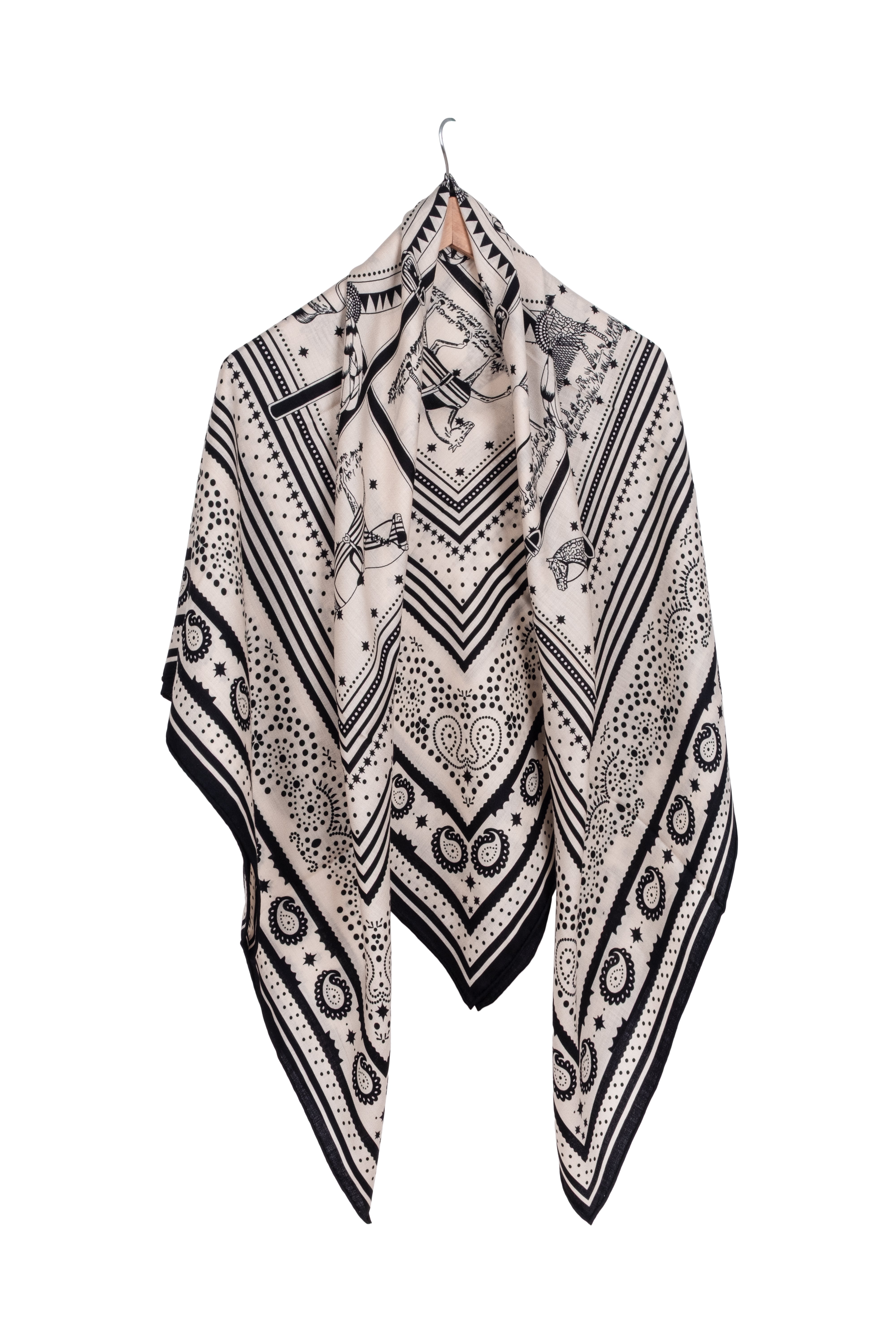 Lacivert Ekru Linda Saf Kaşmir Desenli Kare Eşarp 140x140 cm