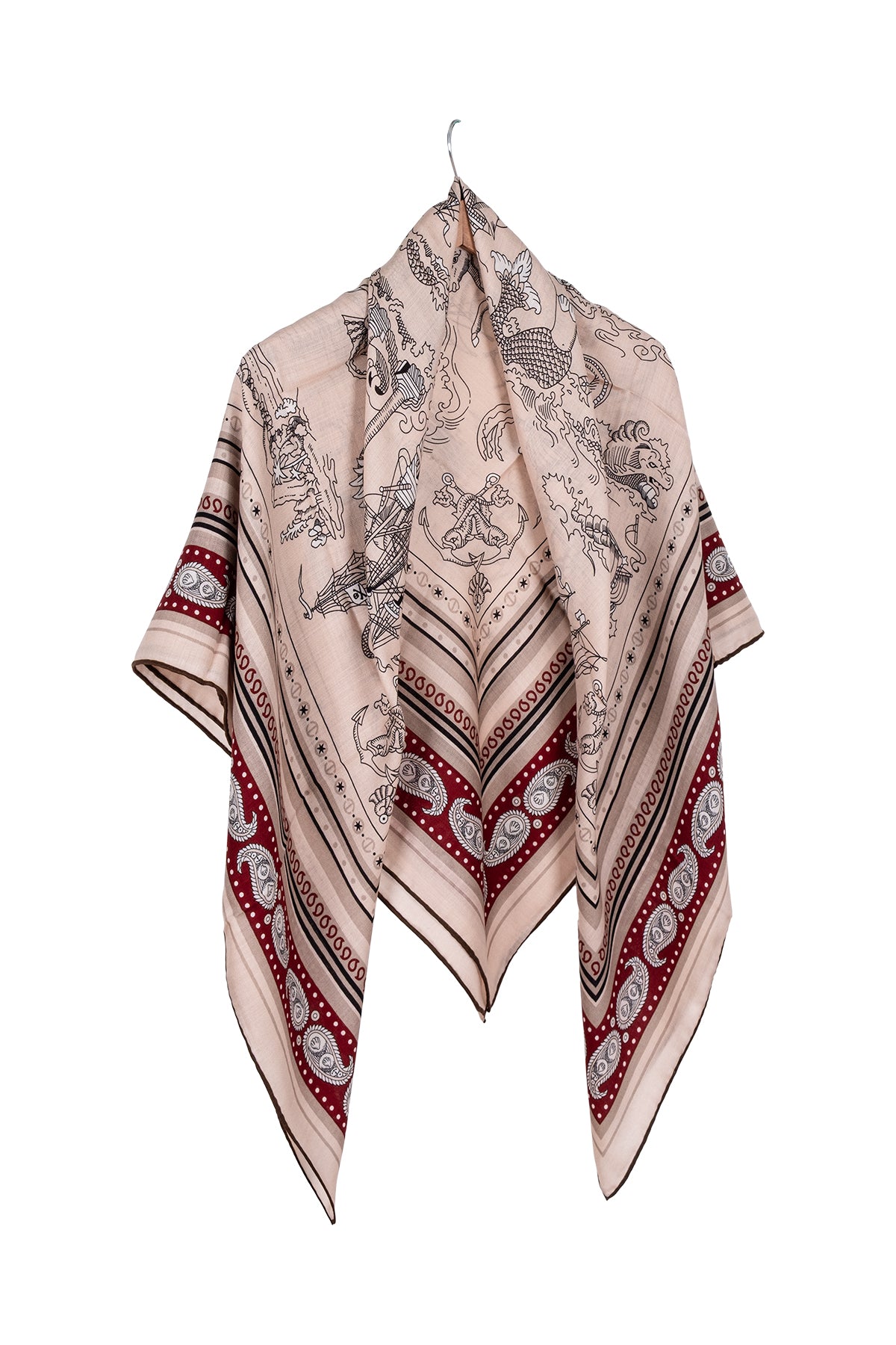 Kırmızı Kahve Linda Saf Kaşmir Baskılı Eşarp 140x 140 cm