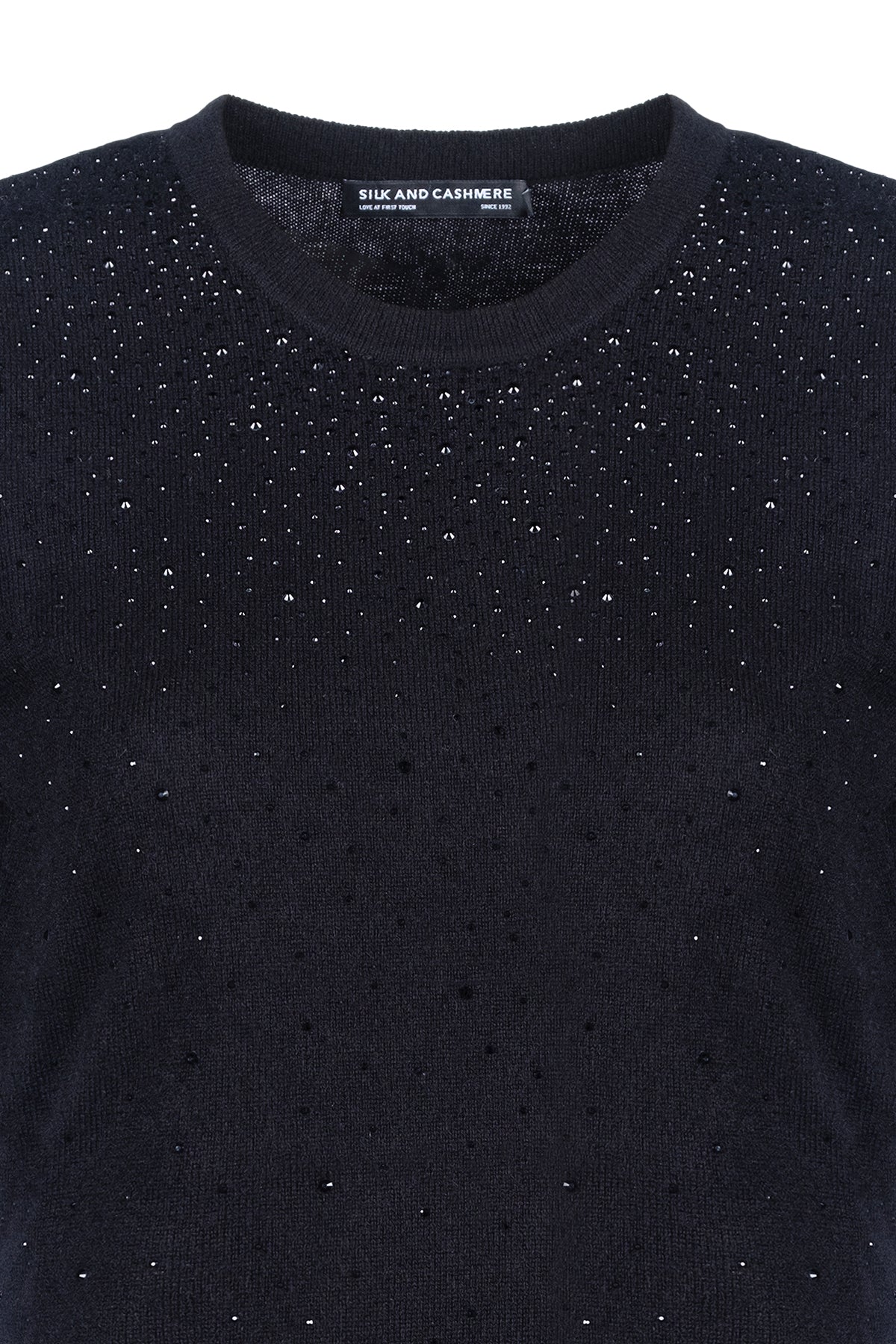 Siyah Merill Yün Kaşmir Yuvarlak Yaka Taşlı Kısa Kollu Triko