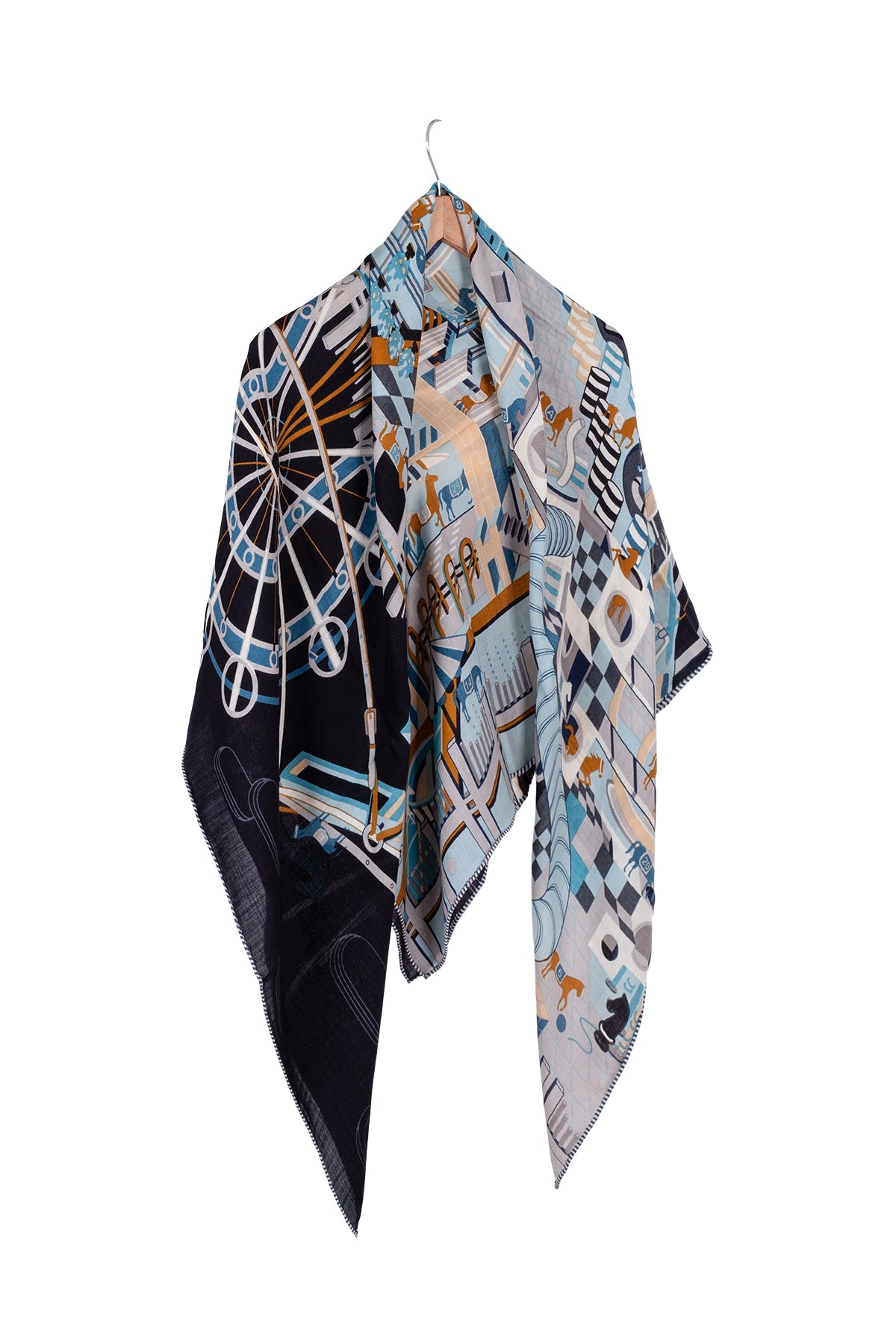 Mavi Ekru Linda Saf Kaşmir Baskılı Eşarp 140x 140 cm