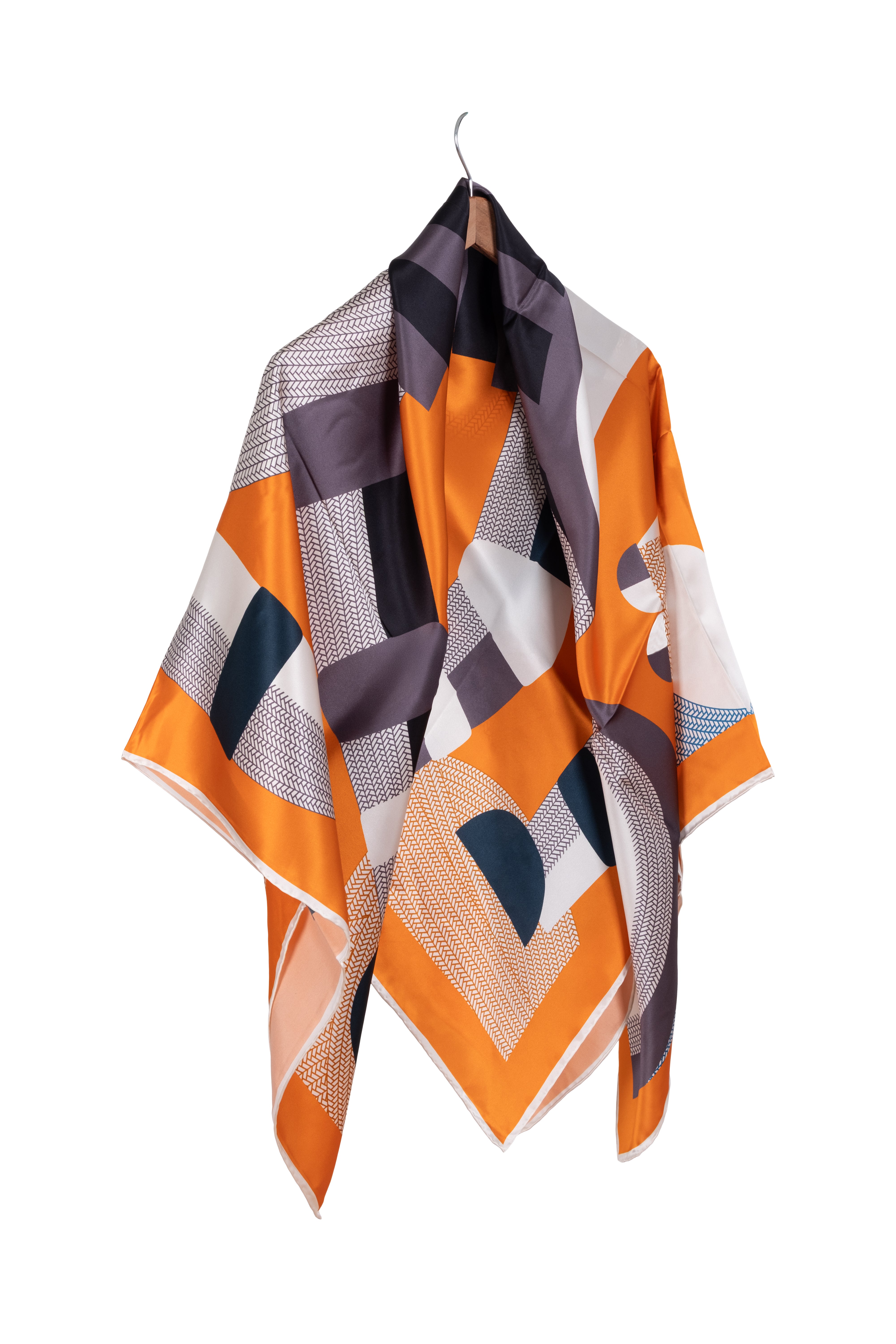 Turuncu Siyah Lina Saf İpek Baskılı Kare Eşarp 140x140