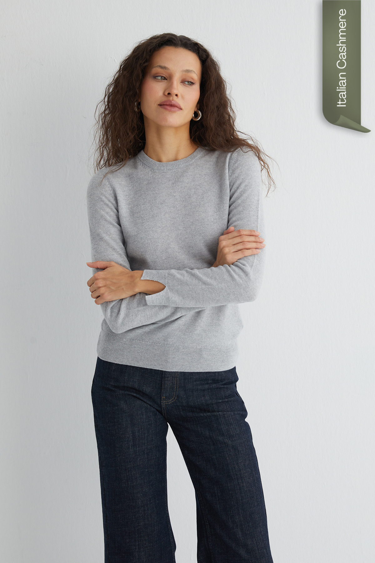 Açık Gri Franca Saf Kaşmir Bisiklet Yaka Kazak