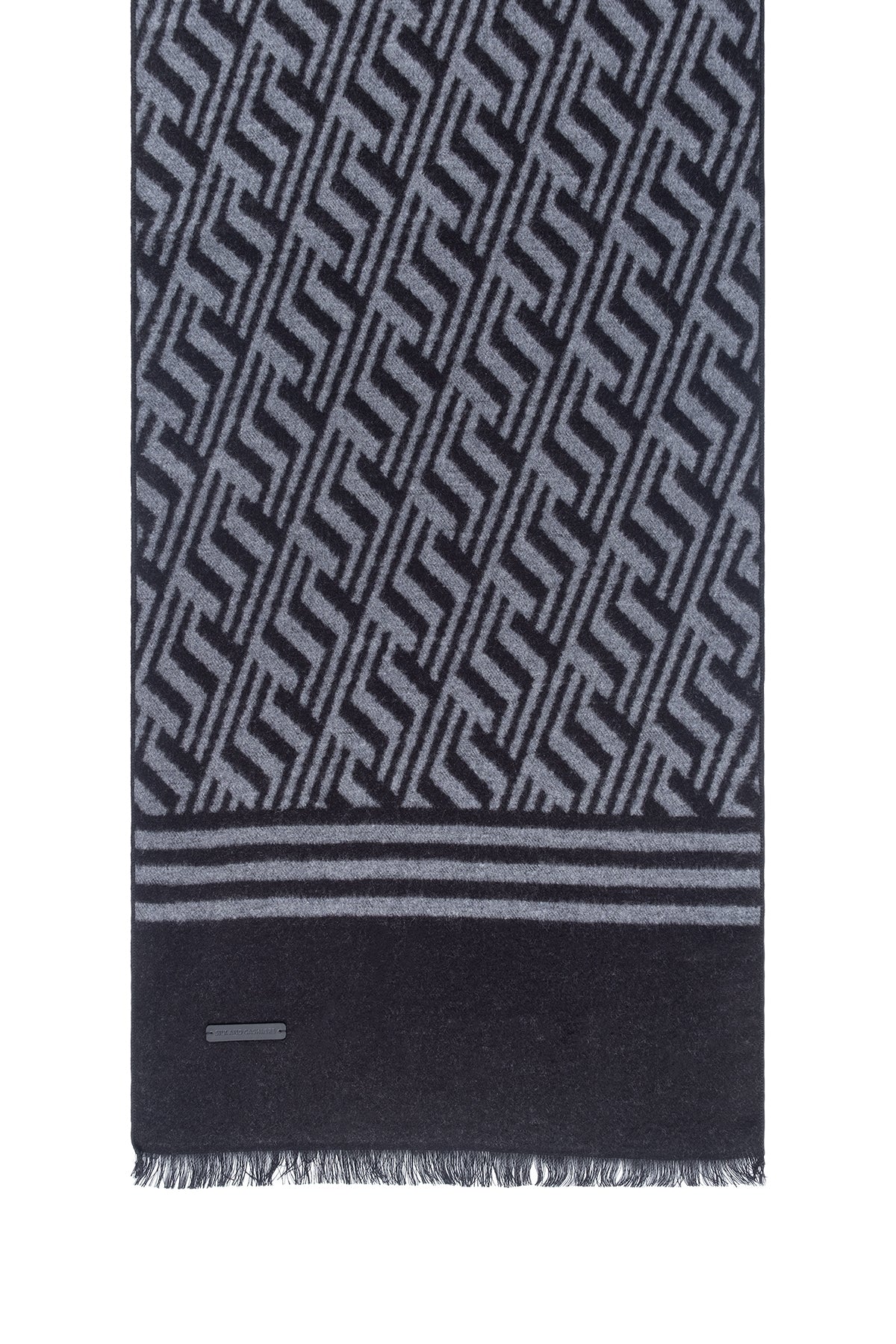 Siyah Gri Lotus Saf İpek Desenli Atkı 30*177+2cm