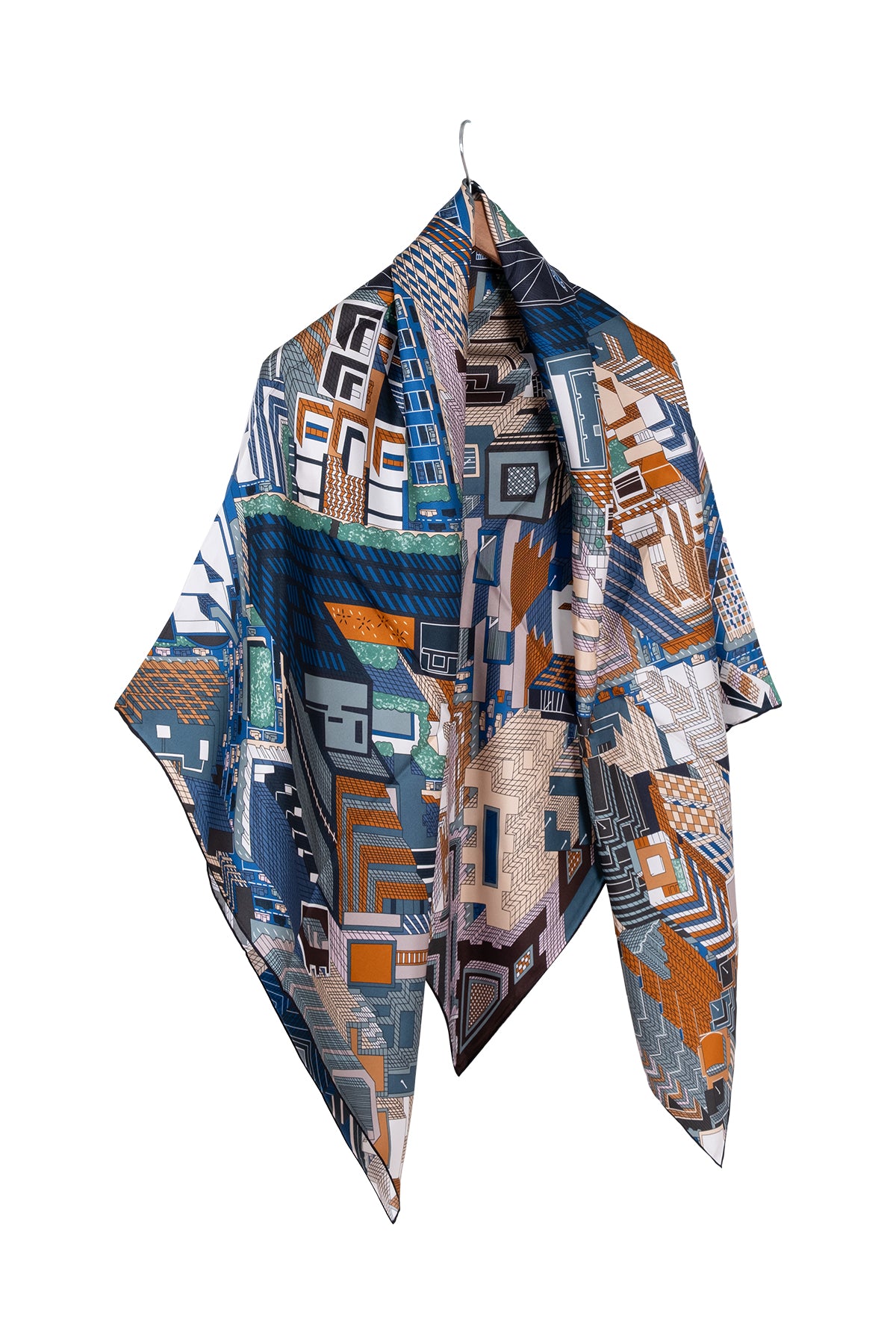 Lacivert Yeşil Lina Saf İpek Baskılı Şal 140x140cm