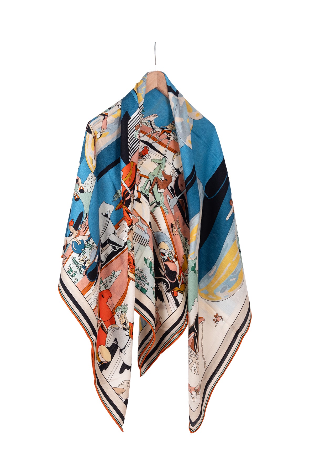 Mavi Turuncu Linda Saf Kaşmir Baskılı Eşarp 140x140 cm