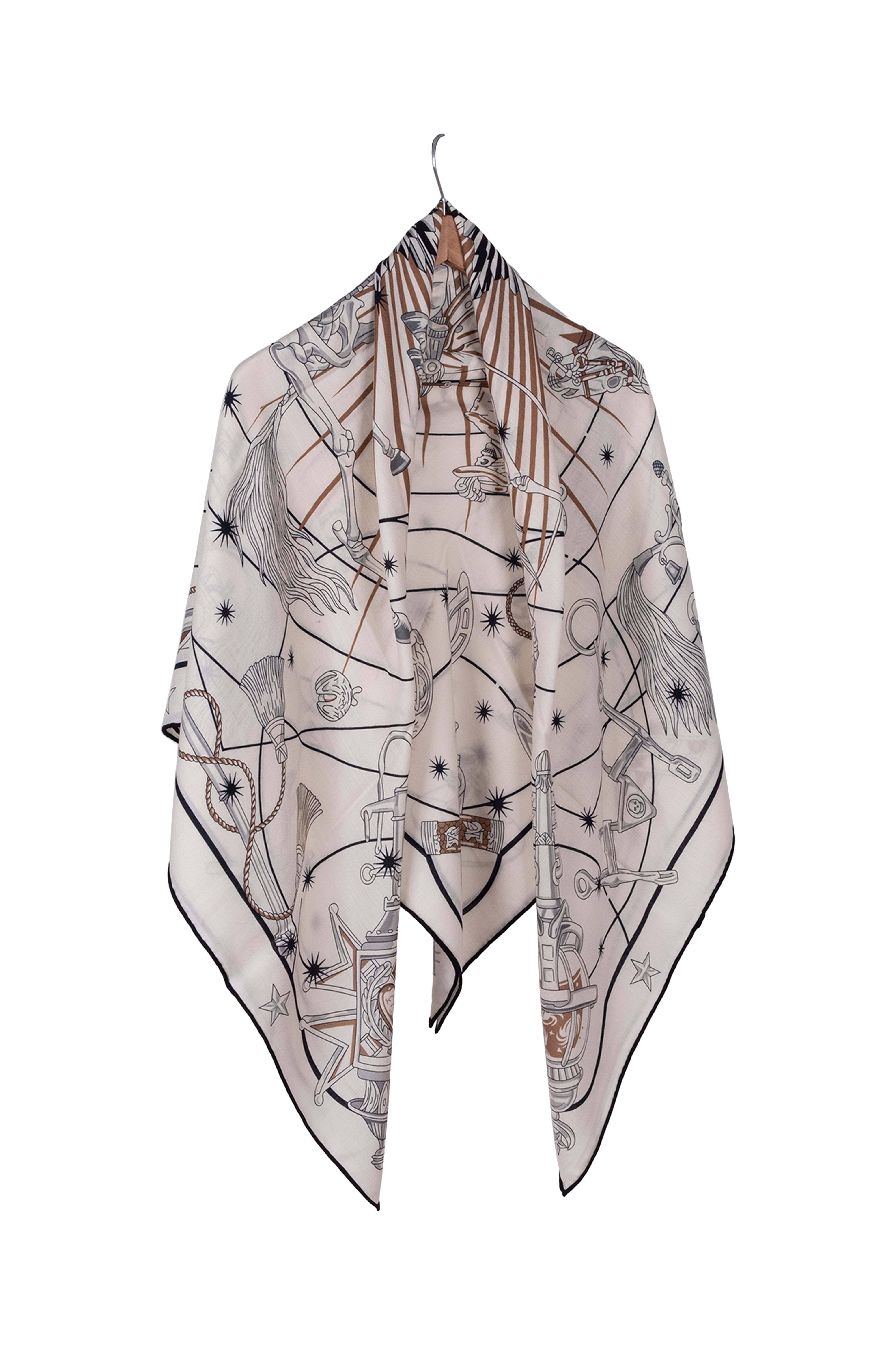 Siyah Ekru Linda Kaşmir Desenli Kare Eşarp 140x140  cm