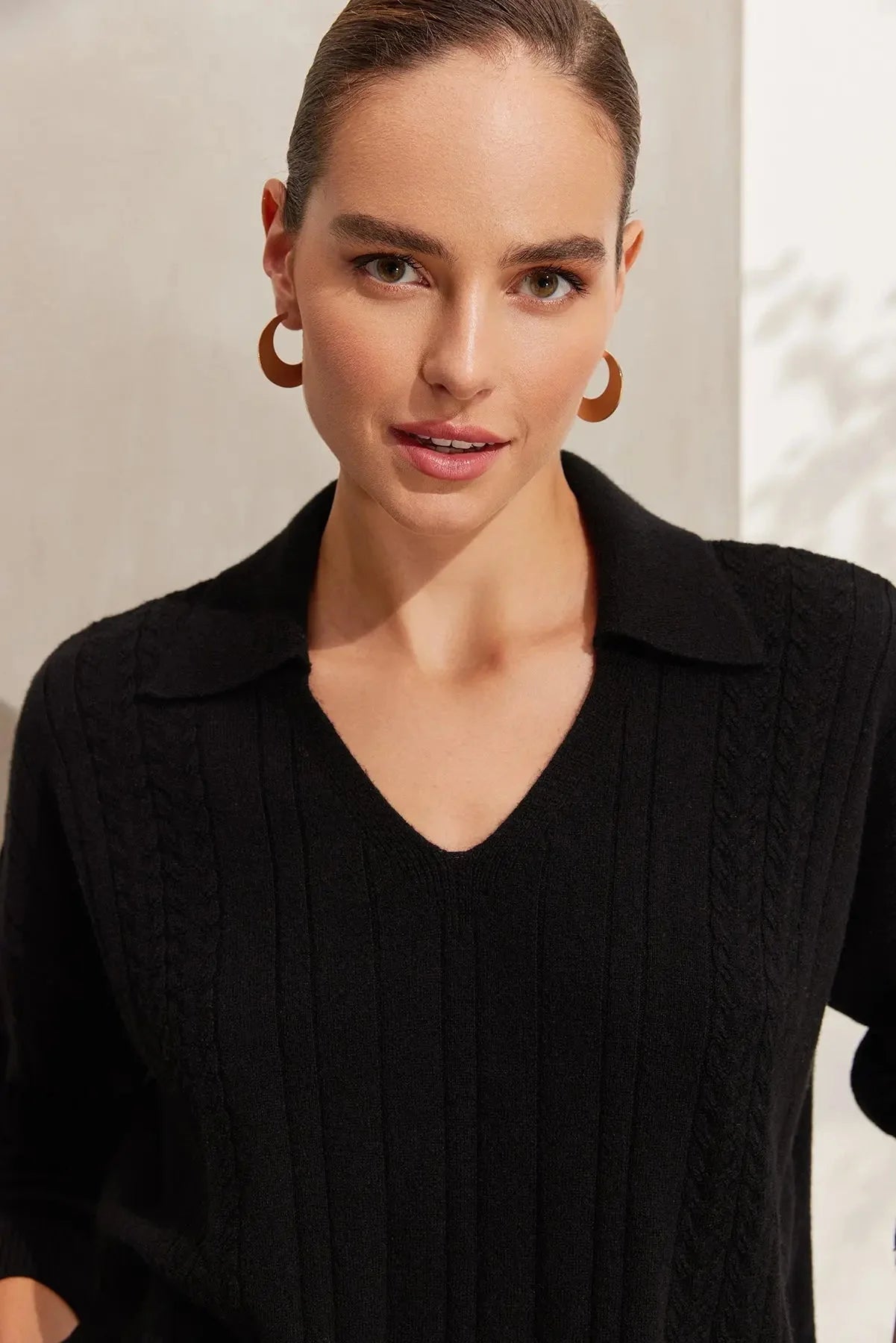 Siyah ReLoved Geri Dönüştürülmüş Kaşmir ve Merino Yünü Karışımlı Kolon Örgü Polo Yaka Kadın Kazak