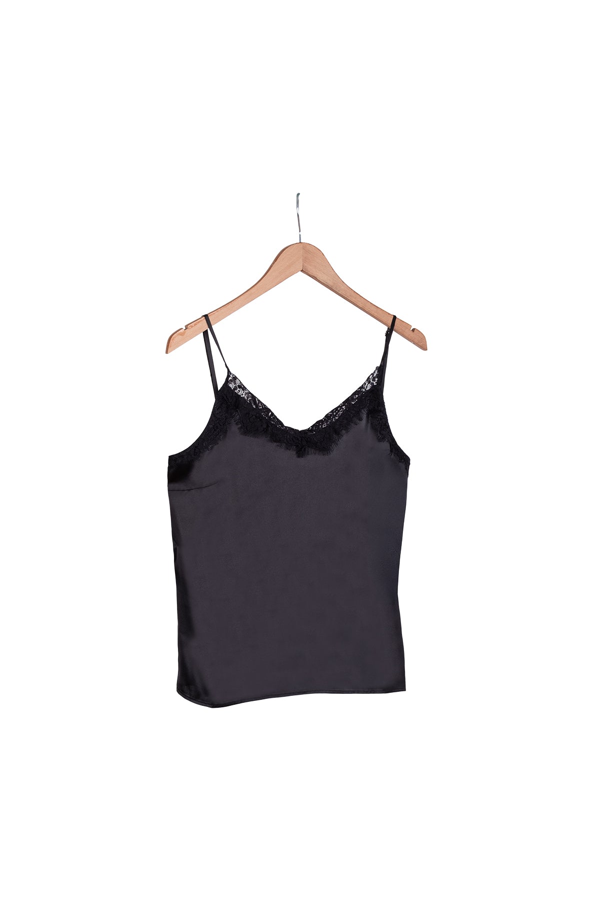 Siyah Paris Saf İpek Dantel Detaylı Askılı Bluz