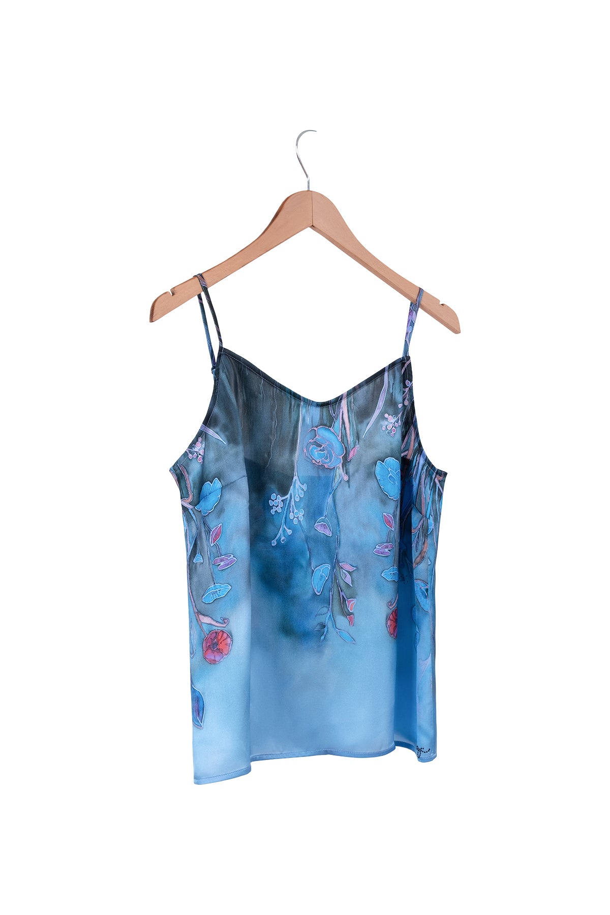 Lacivert Nature Desenli Saf  İpek Askılı Bluz -Limited Edition