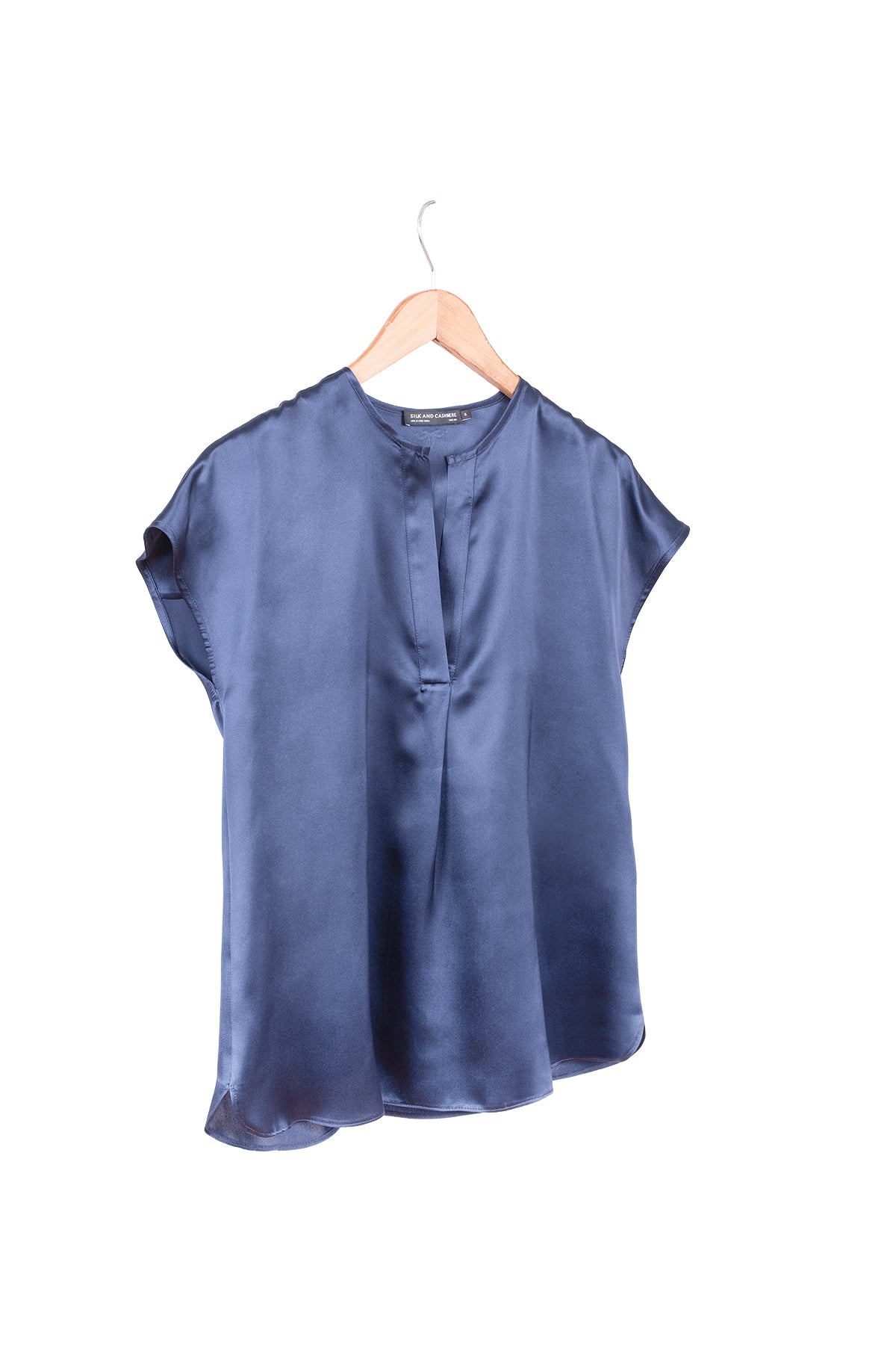 Lacivert Monica Saf İpek V Yaka Kısa Kollu Bluz