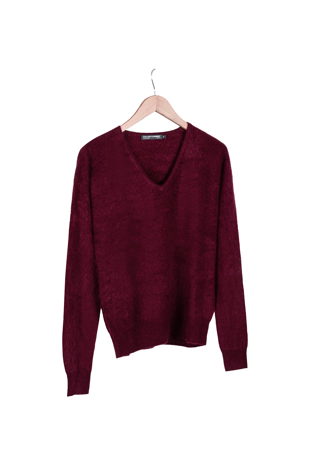 Bordo Brushed Saf Kaşmir V Yaka Kazak