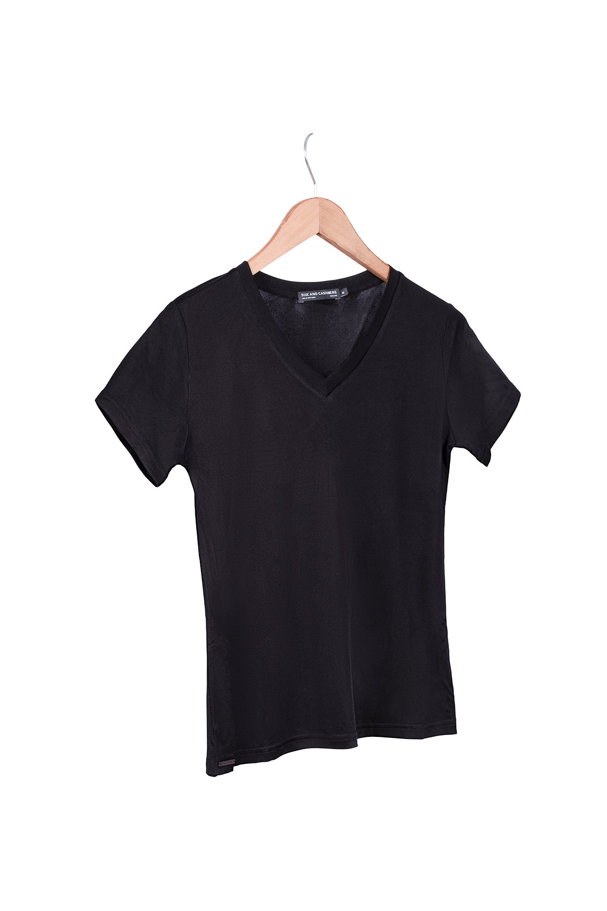 Siyah Marina İpekli V Yaka  Kısa Kollu T-Shirt