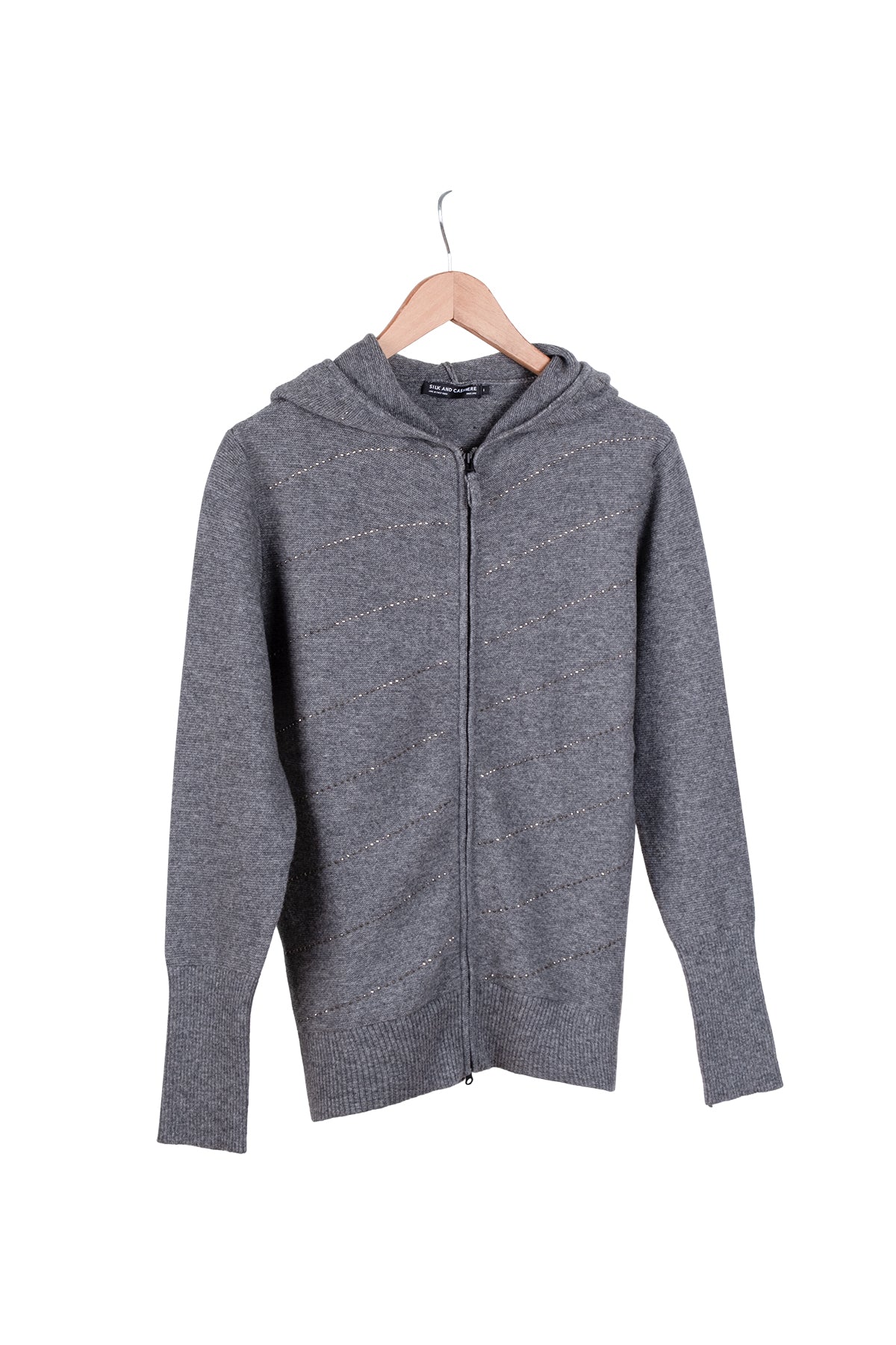 Gri Sky Kaşmirli Taşlı Kapüşonlu Hırka