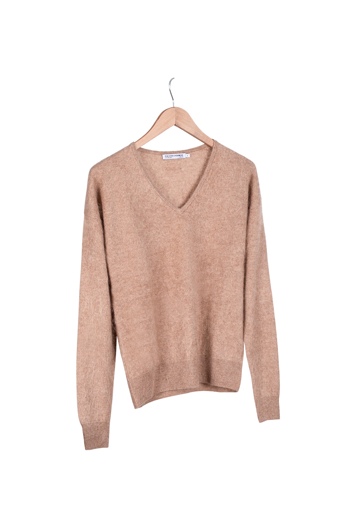 Açık Camel Brushed Saf Kaşmir V Yaka Kazak