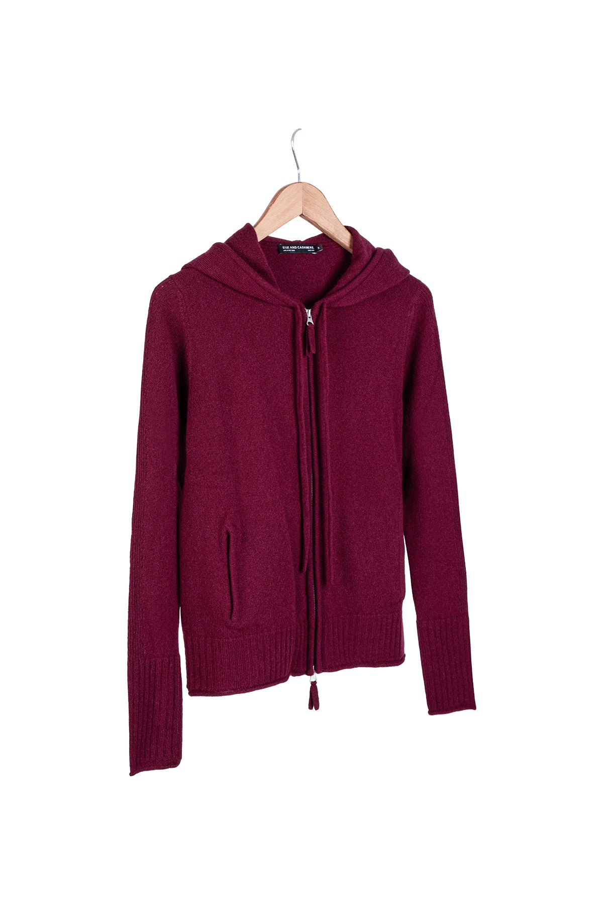 Bordo Isabella Saf Kaşmir Kapüşonlu Hırka