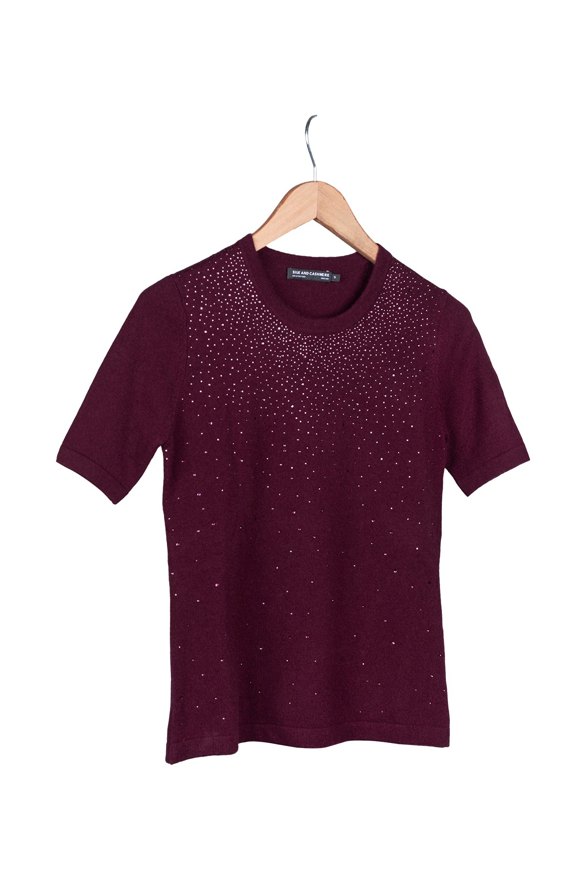 Bordo Merill Yün Kaşmir Yuvarlak Yaka Taşlı Kısa Kollu Triko