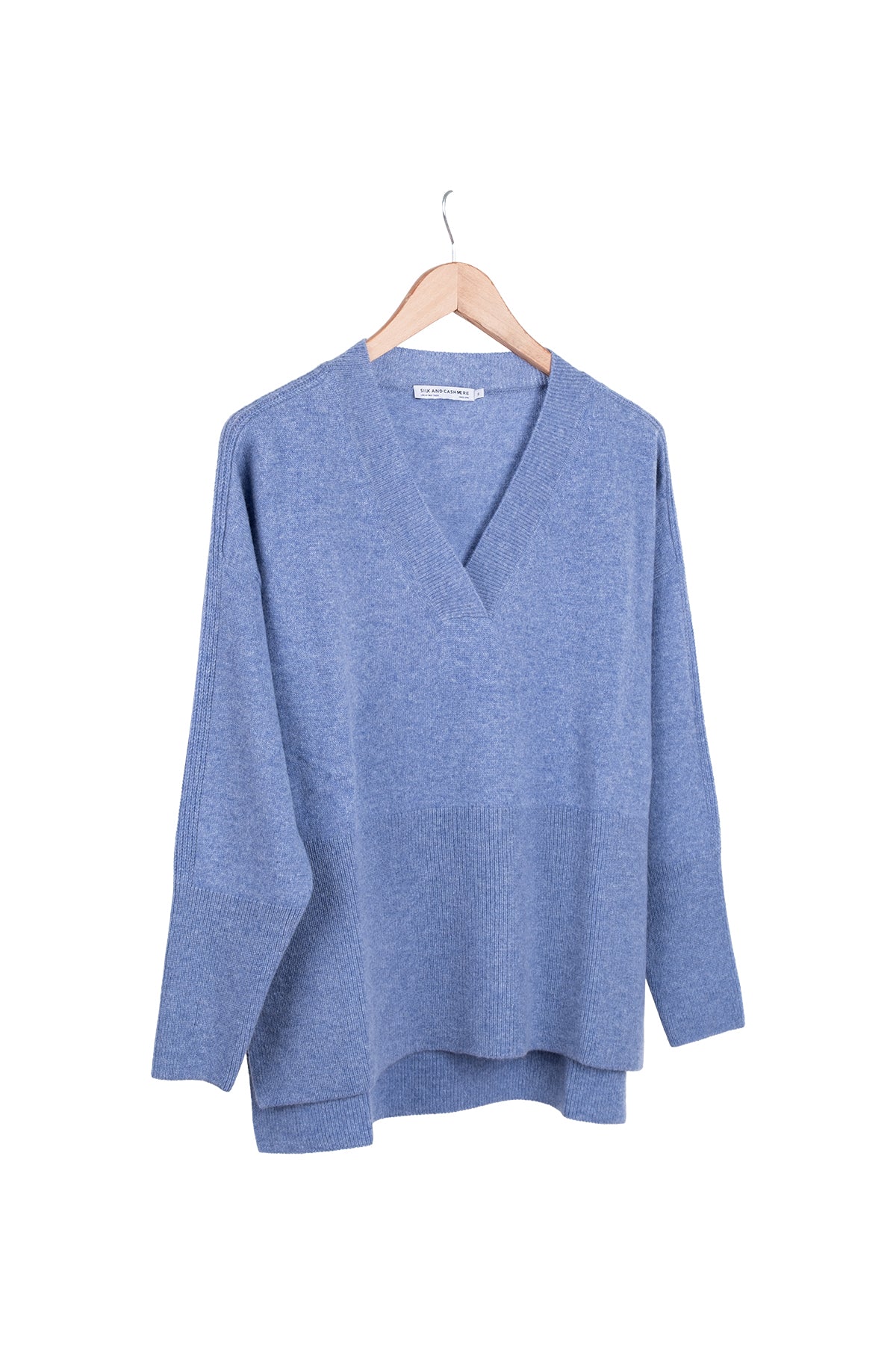 Açık Denim Isabella Saf Kaşmir Derin V Yaka Kazak