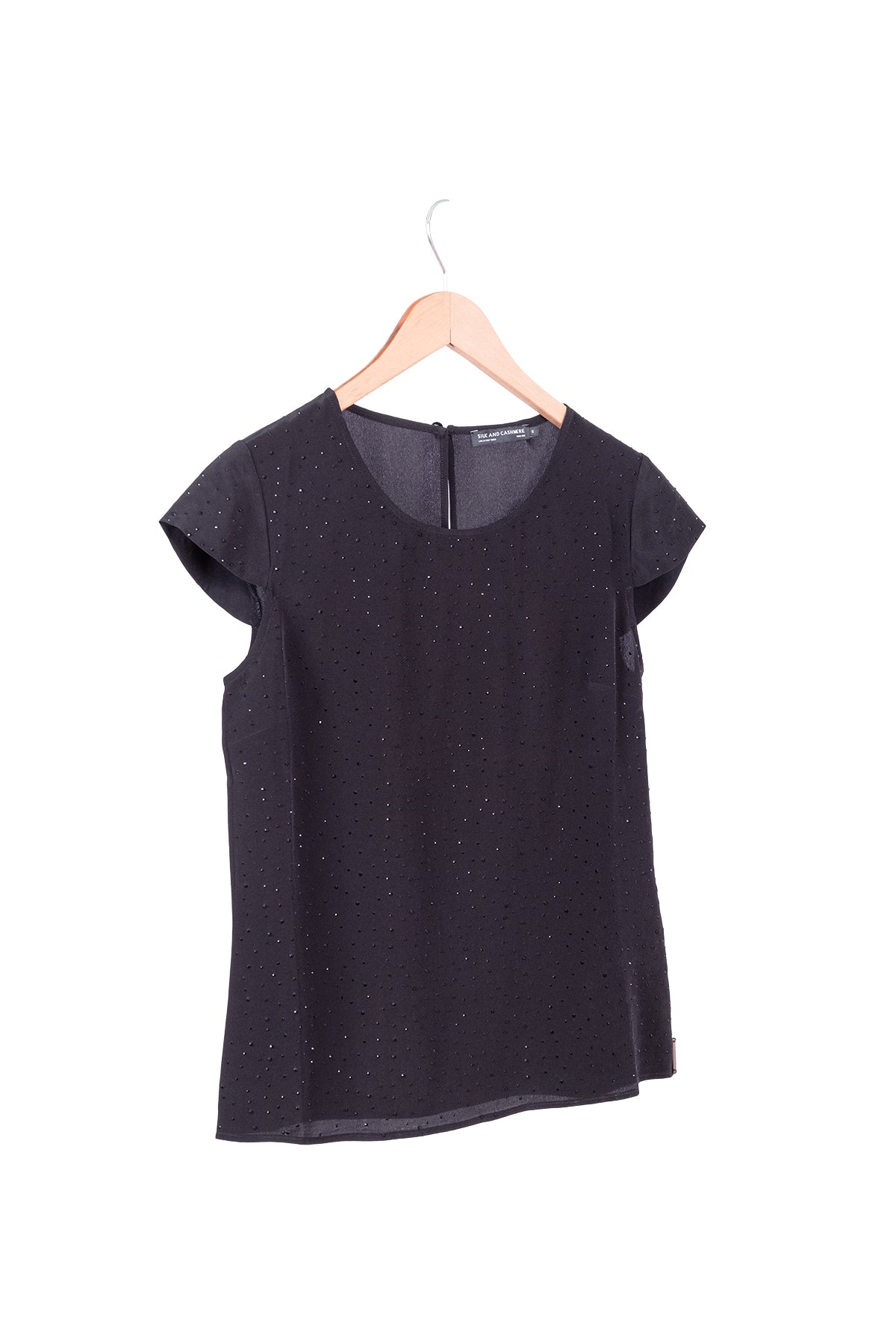 Siyah Nature Saf İpek Taş Süslemeli Yuvarlak Yaka Kısa Kollu Bluz