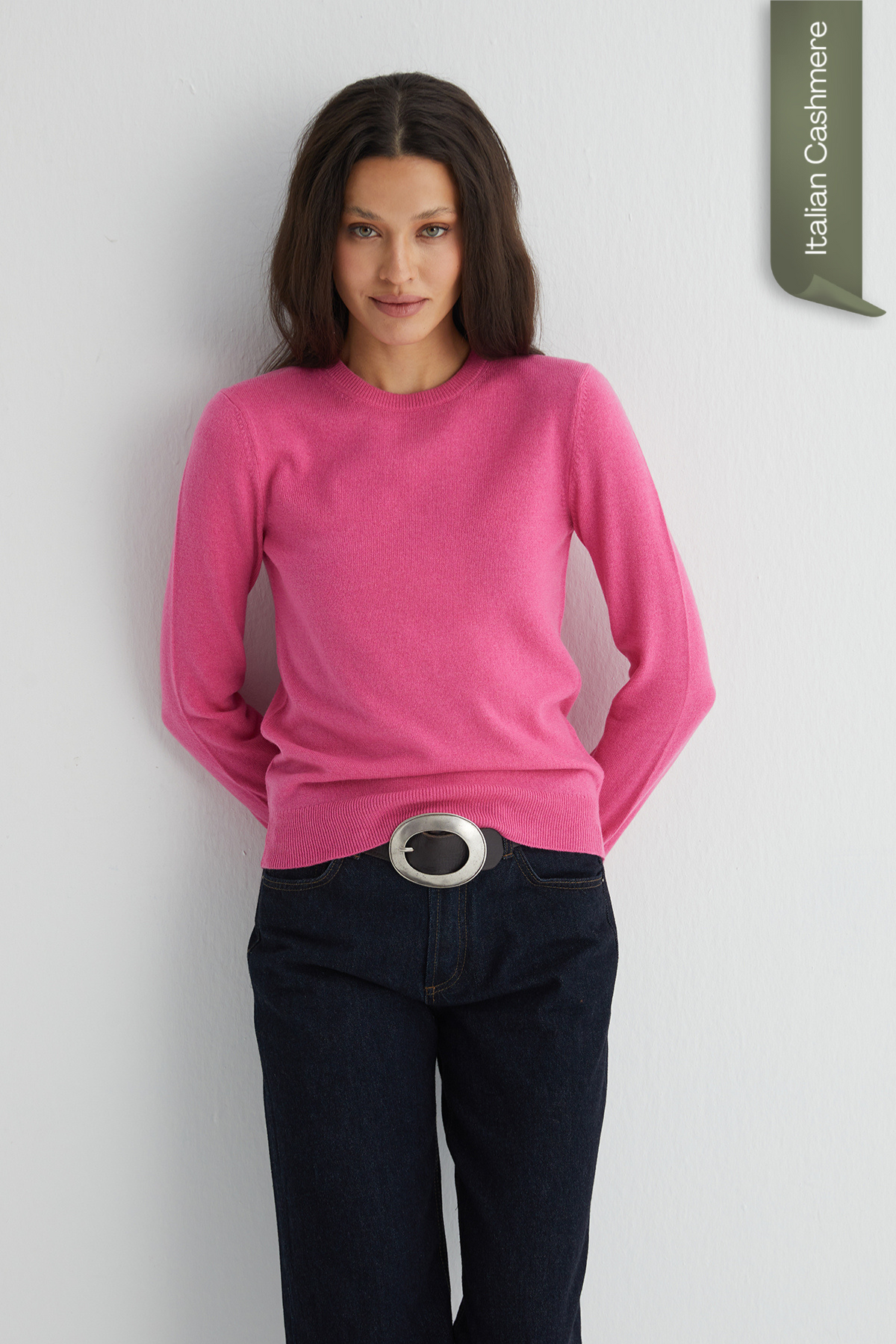 Koyu Fuşya Franca Saf Kaşmir Bisiklet Yaka Kazak