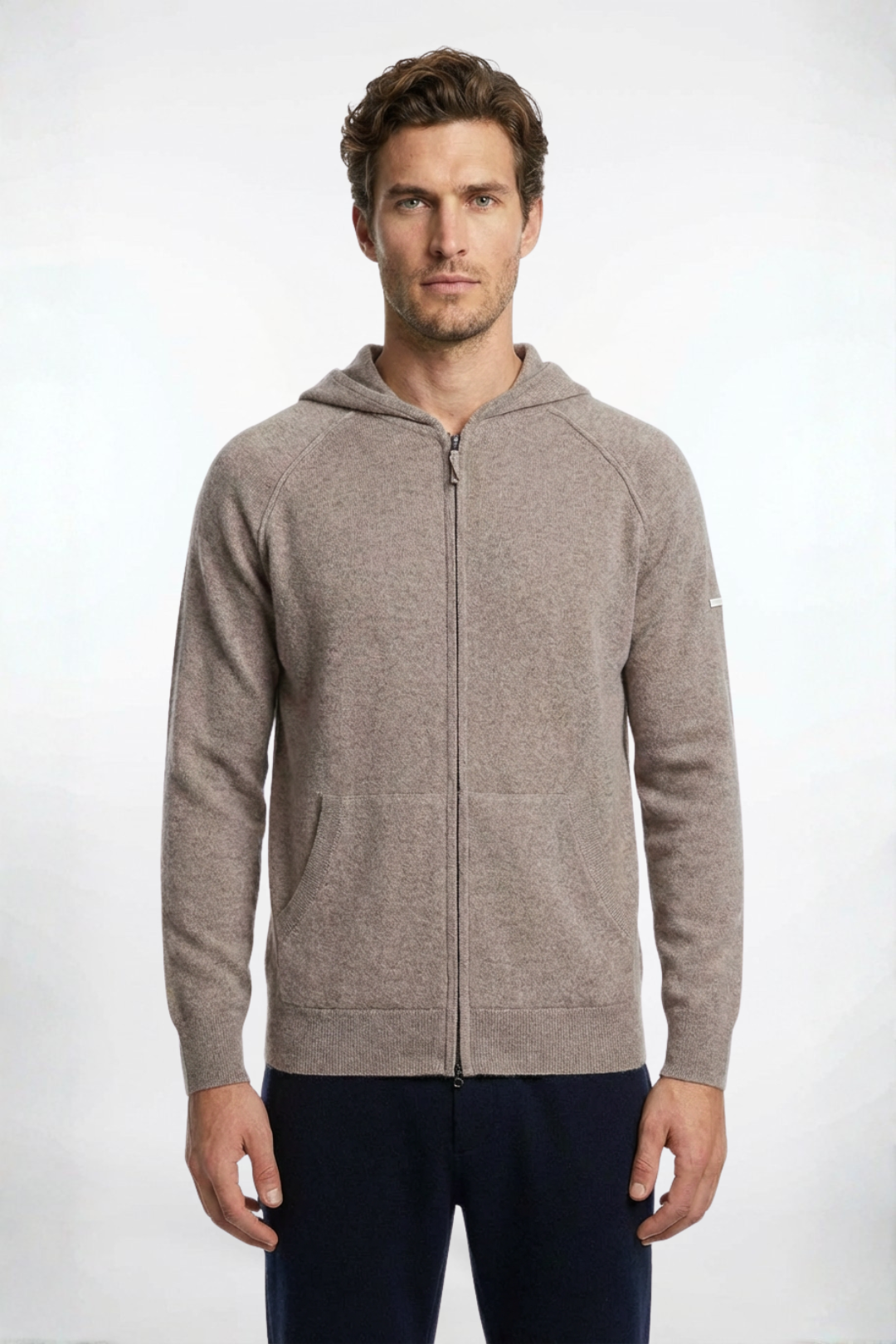 Açık Vizon David Saf Kaşmir Kapüşonlu Erkek Hırka