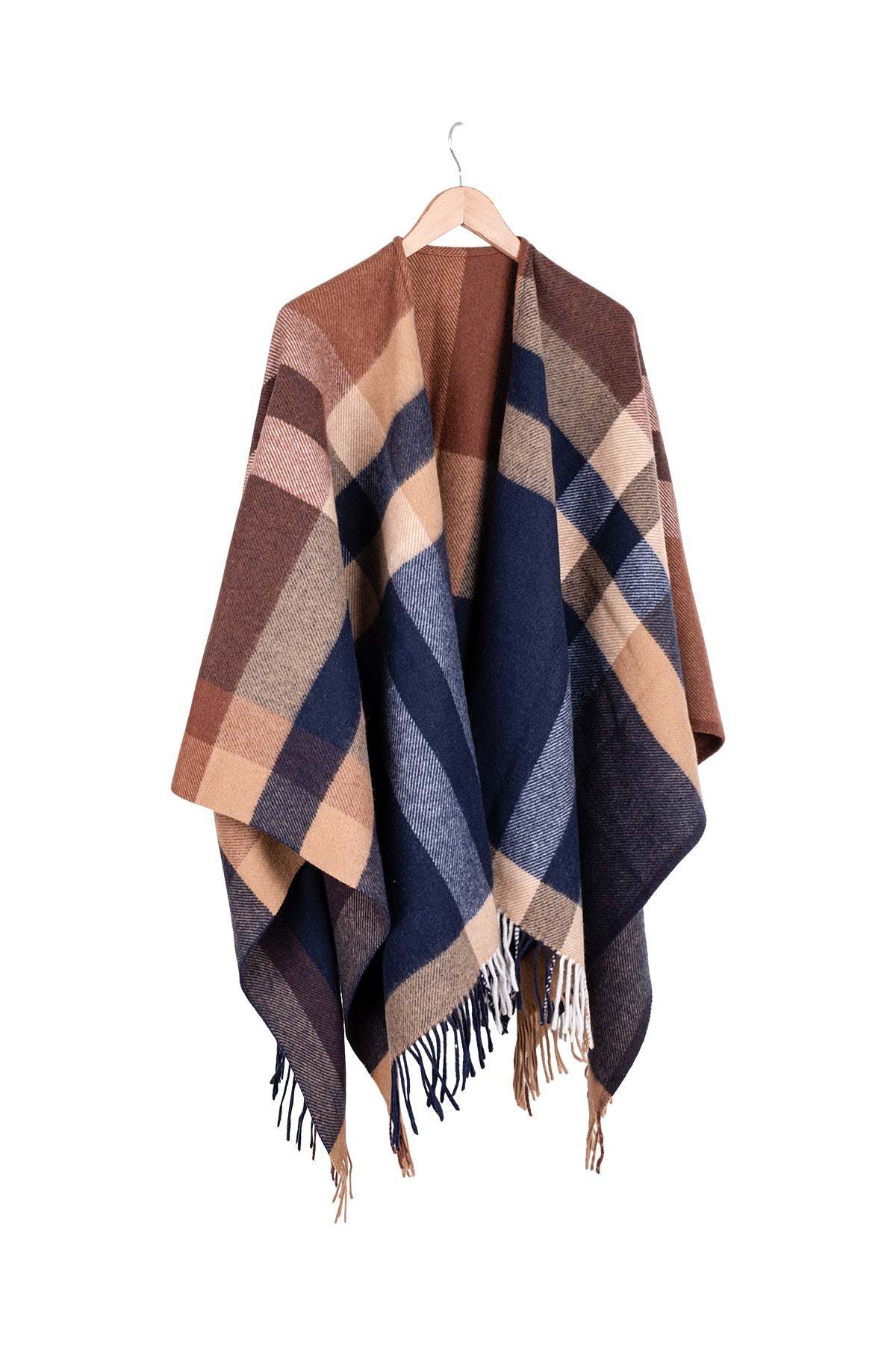 Renkli Laura Saf Yün Kareli Panço 130x150cm