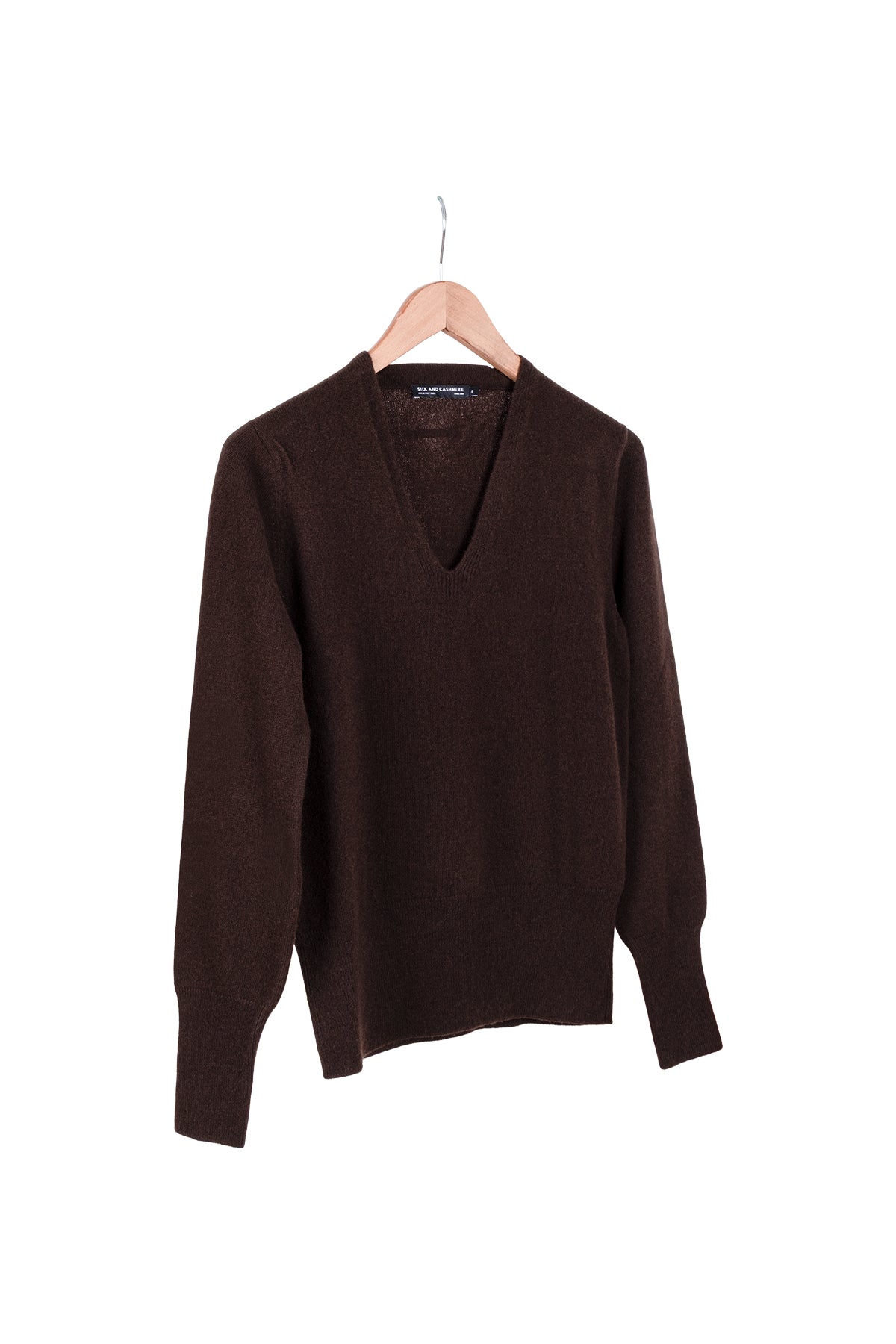 Kahverengi Franca Saf Kaşmir Derin V Yaka Kazak