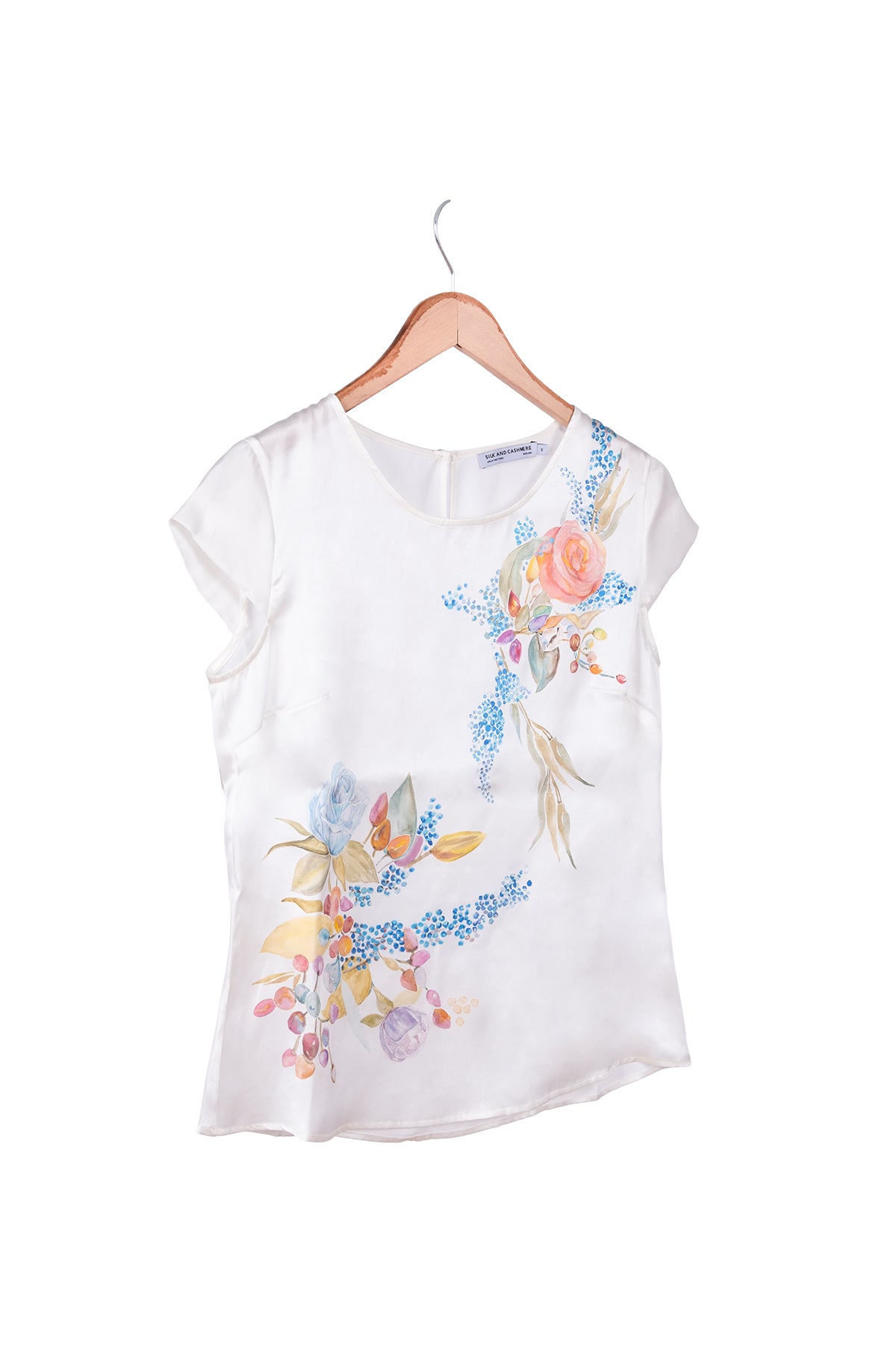 Beyaz Beyaz Nature Saf İpek Yuvarlak Yaka Kısa Kollu Bluz