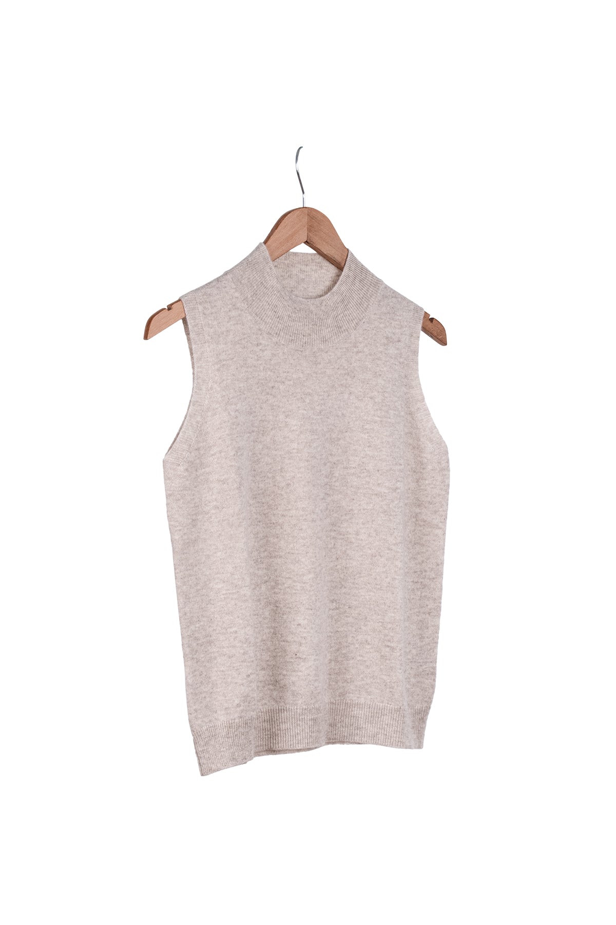 Ekru Melanj Agata Saf Kaşmir Yüksek Yaka Kolsuz Triko