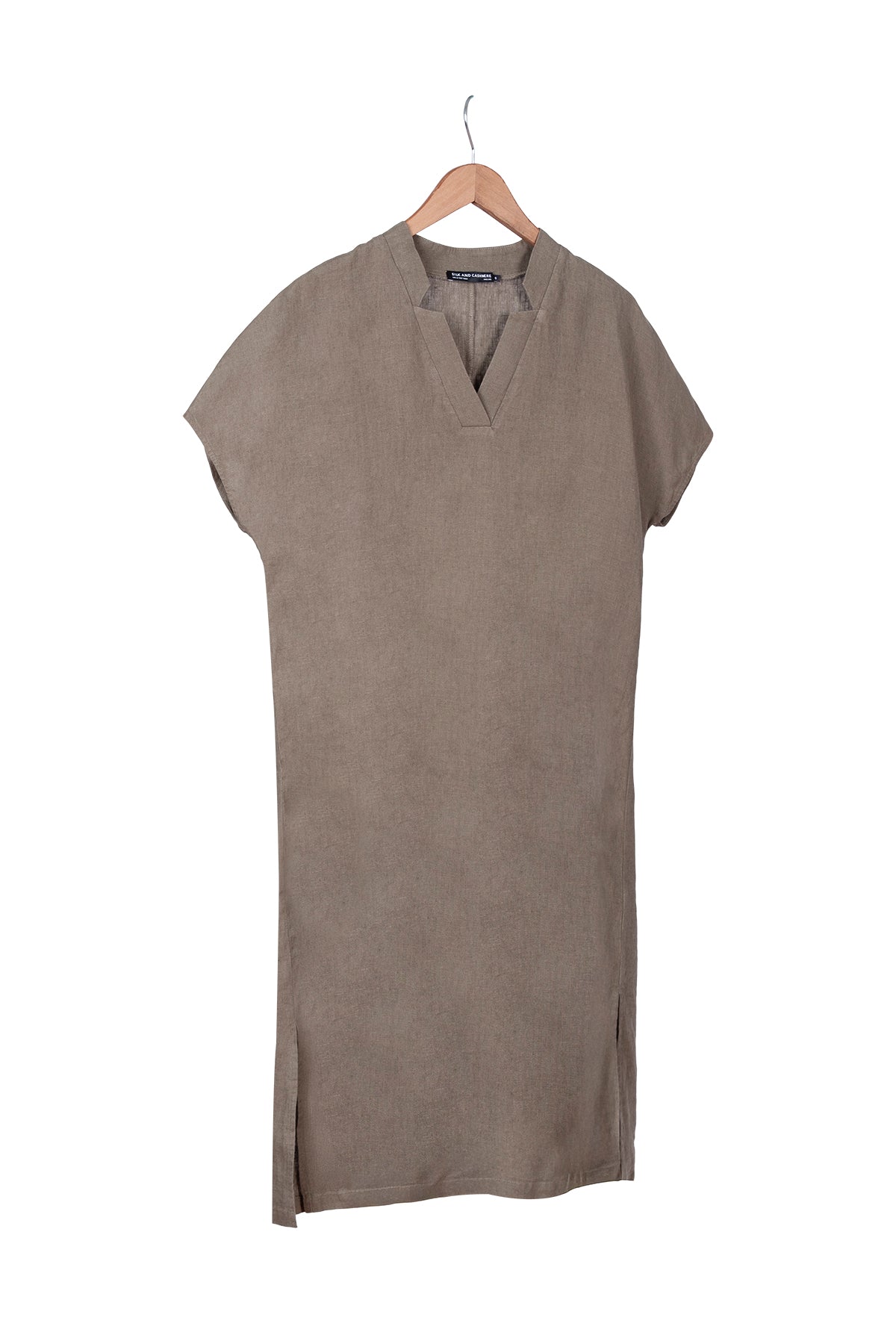 Kahverengi Kate Keten V Yaka Elbise