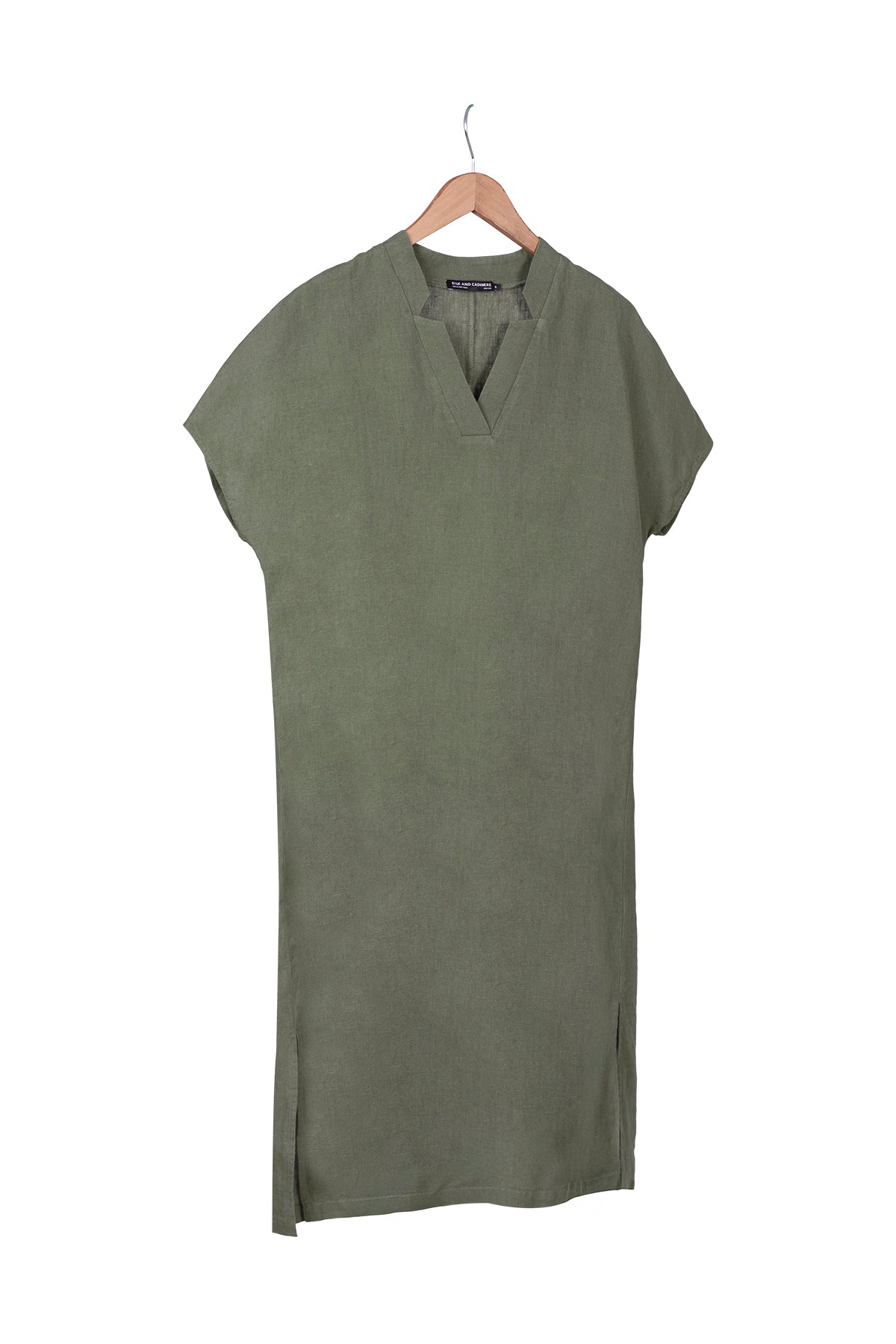 Haki Kate Keten V Yaka Elbise