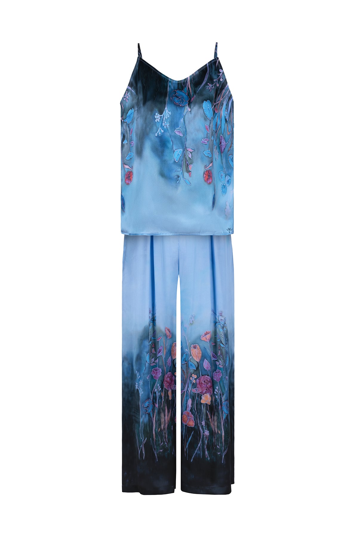 Lacivert Nature Desenli Saf İpek Pantolon -Limited Edition