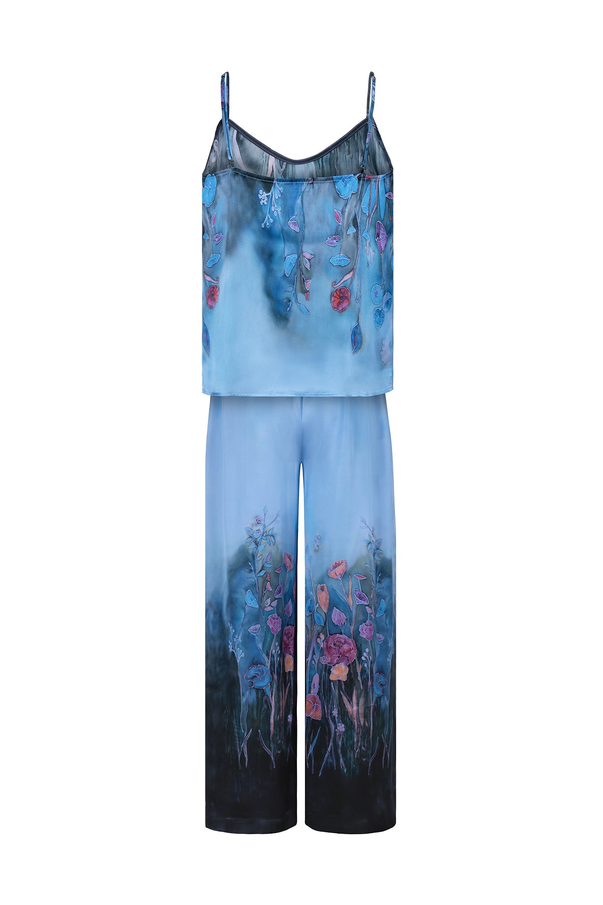 Lacivert Nature Desenli Saf İpek Pantolon -Limited Edition