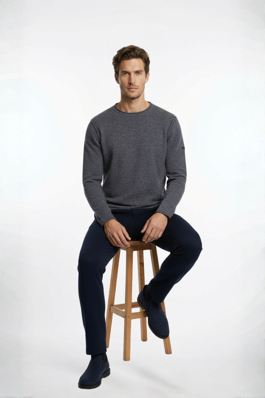 Gri David Saf Kaşmir Bisiklet Yaka Erkek Kazak