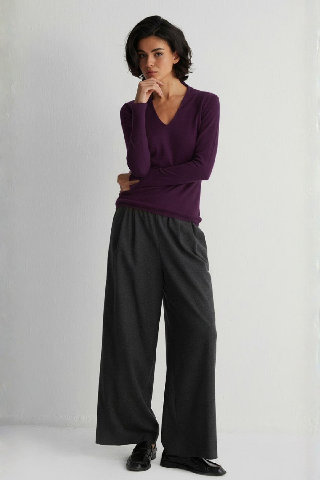 Mor Zoe İpek Kaşmir Derin V Yaka Triko