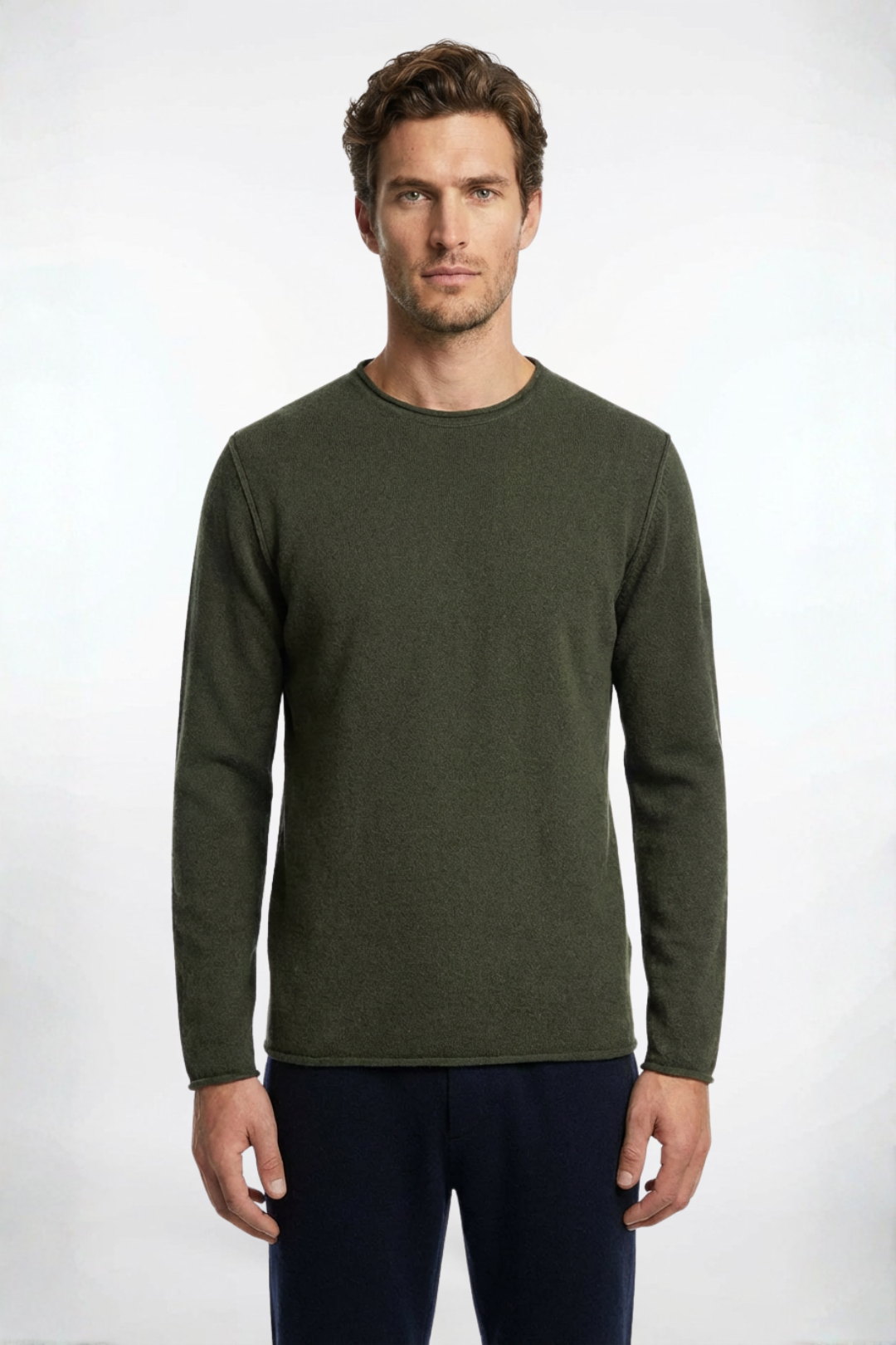 Haki David Saf Kaşmir Bisiklet Yaka Erkek Kazak