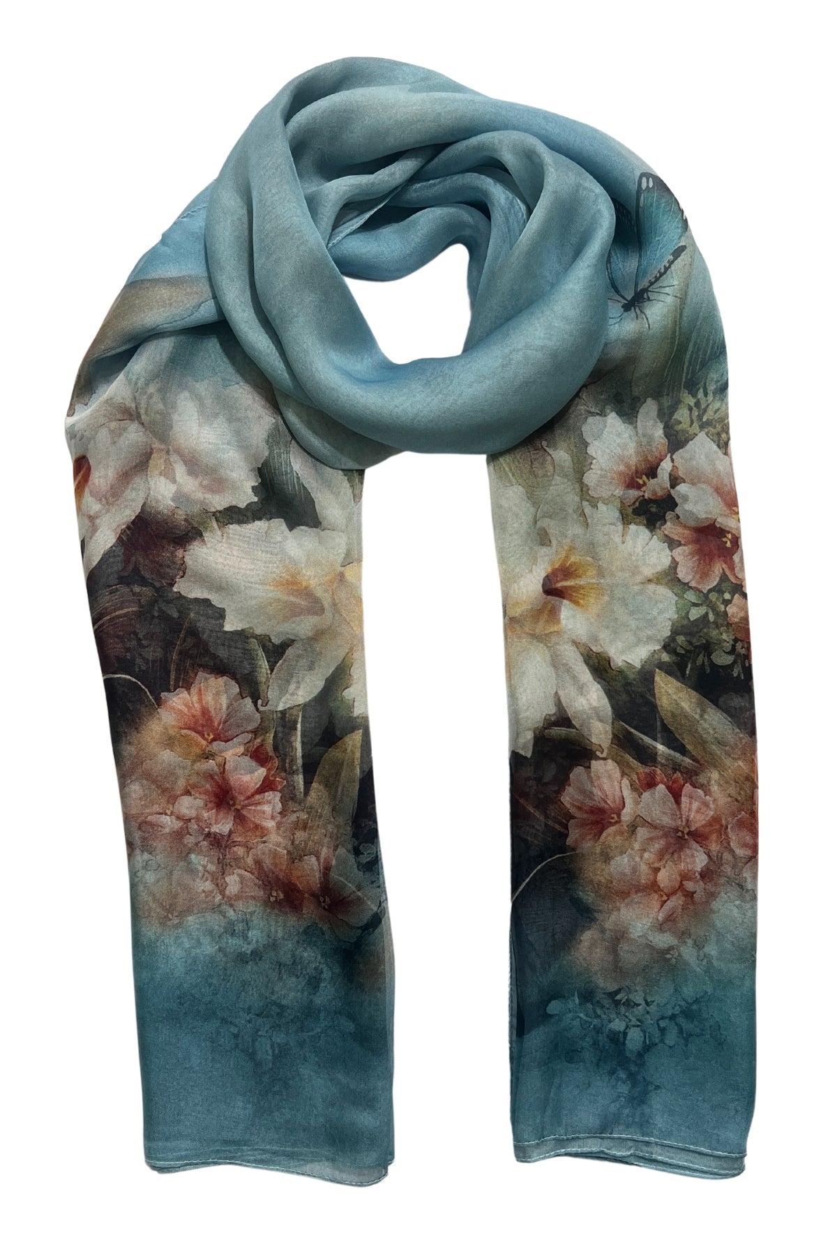 Mavi Anabel Saf İpek  Şifon Baskılı Oblong Şal 180x110