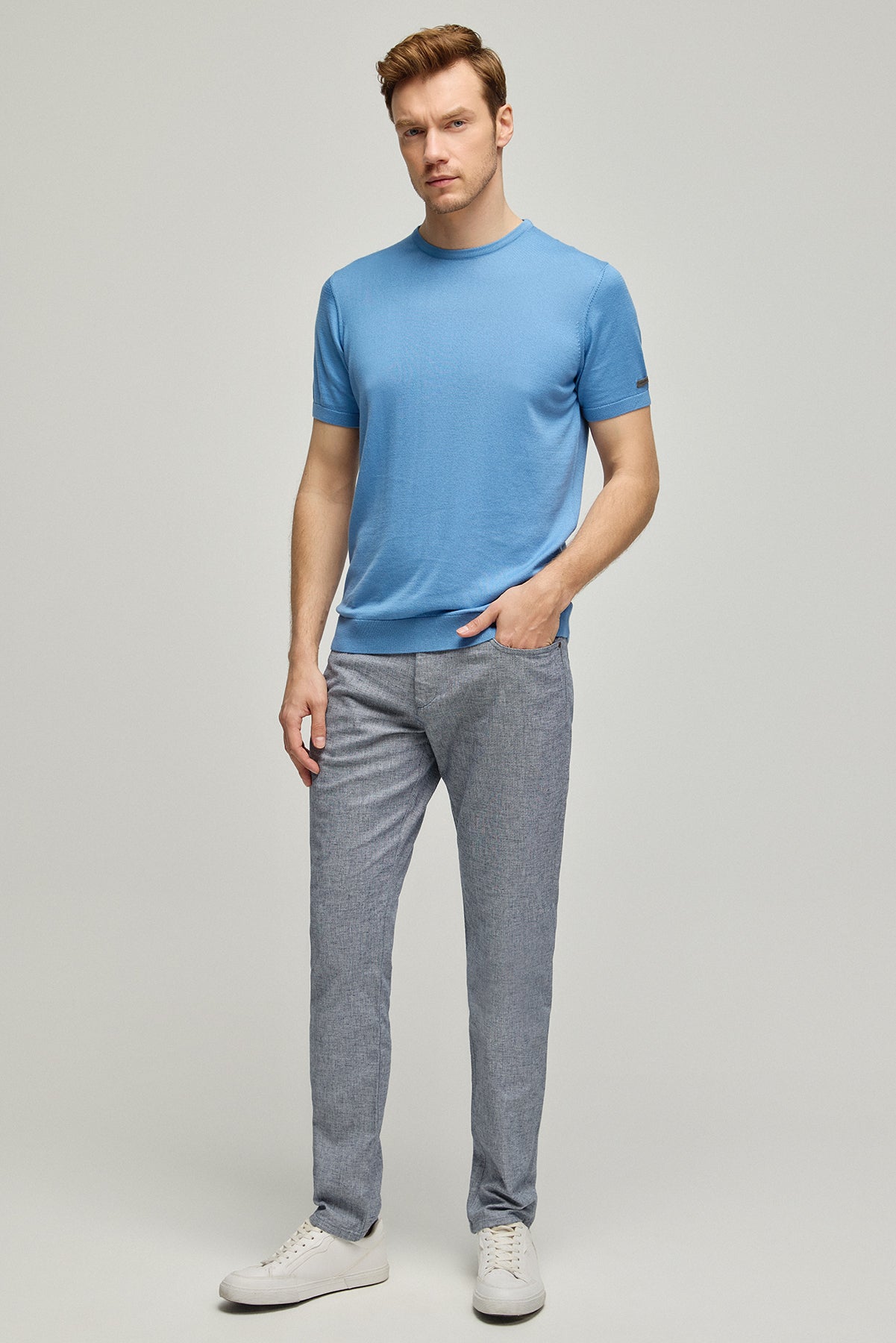 Mavi İpek Pamuk Quentin Yuvarlak Yaka Kısa Kollu Triko Tişört