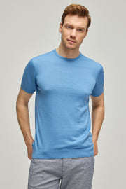 Mavi İpek Pamuk Quentin Yuvarlak Yaka Kısa Kollu Triko Tişört