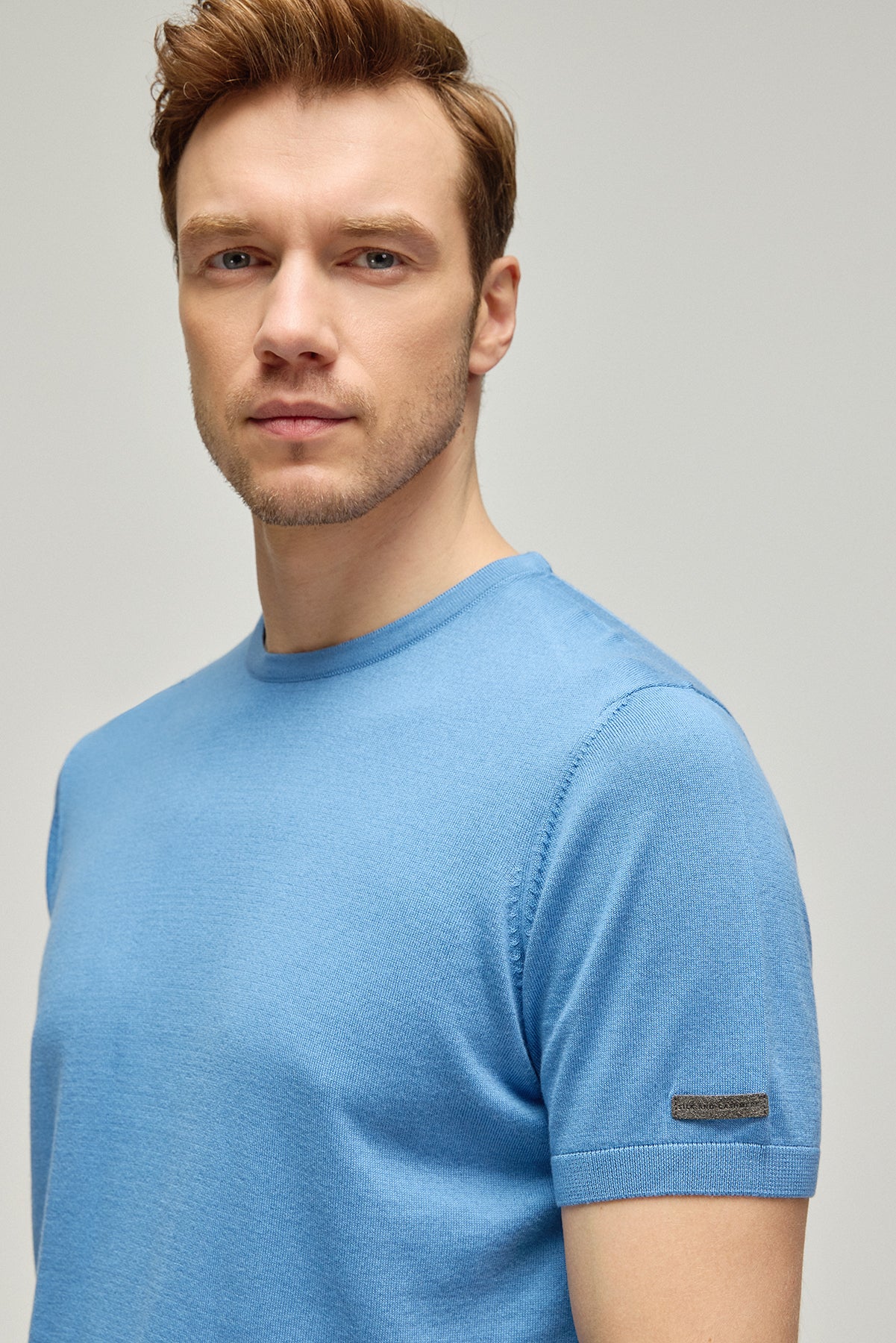 Mavi İpek Pamuk Quentin Yuvarlak Yaka Kısa Kollu Triko Tişört